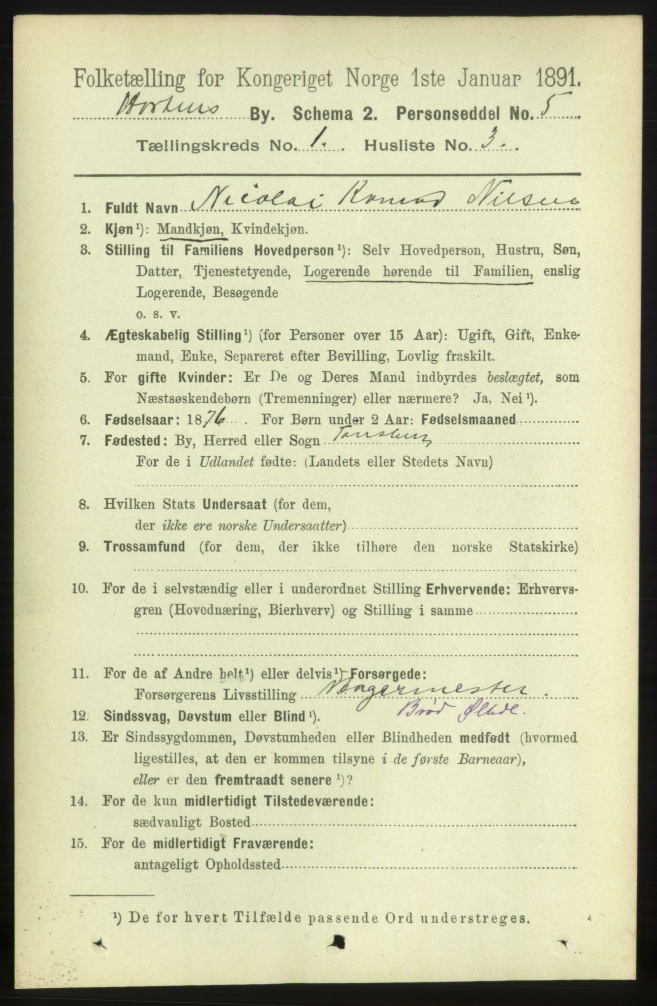 RA, 1891 census for 0703 Horten, 1891, p. 1532