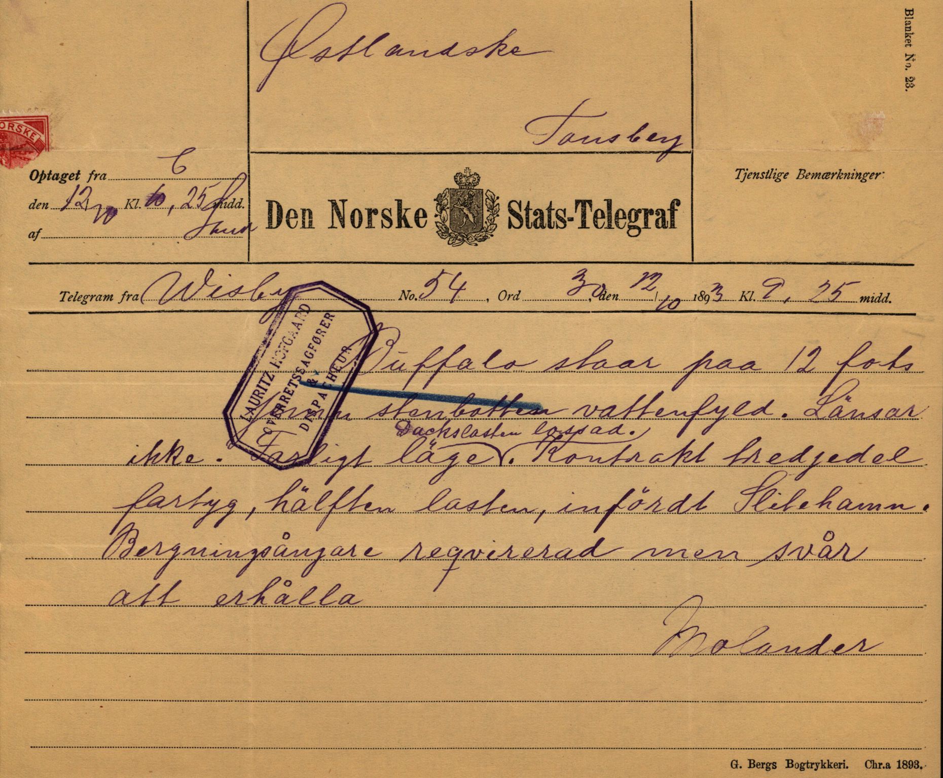 Pa 63 - Østlandske skibsassuranceforening, VEMU/A-1079/G/Ga/L0029/0009: Havaridokumenter / Anette, Agathe, Agra, Buffalo, 1893, p. 52