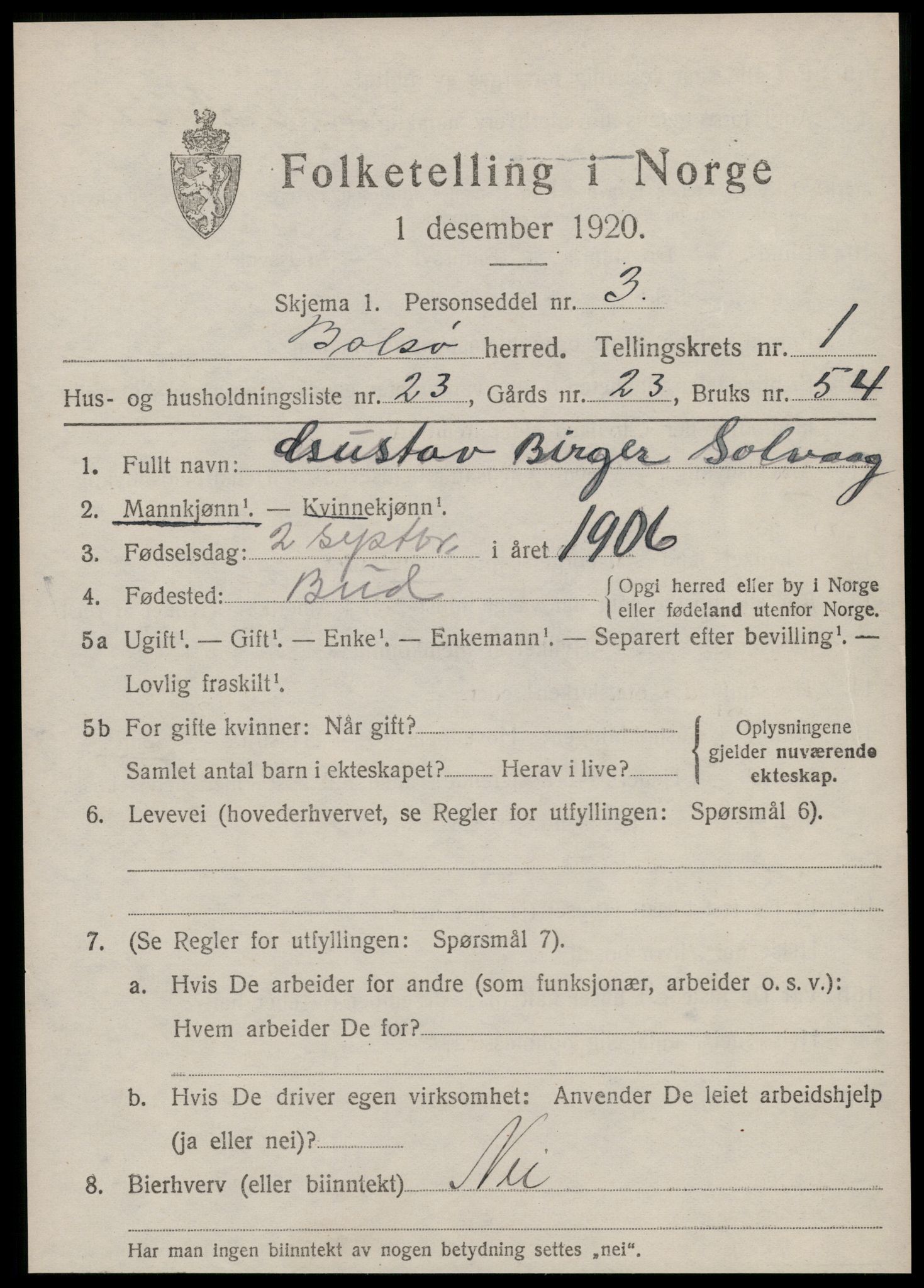 SAT, 1920 census for Bolsøy, 1920, p. 1879