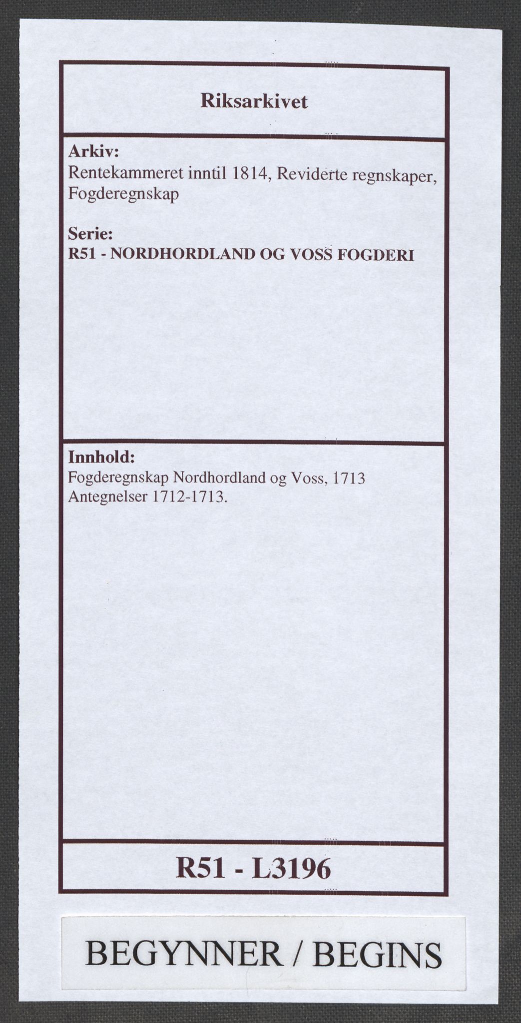Rentekammeret inntil 1814, Reviderte regnskaper, Fogderegnskap, RA/EA-4092/R51/L3196: Fogderegnskap Nordhordland og Voss, 1713, p. 1