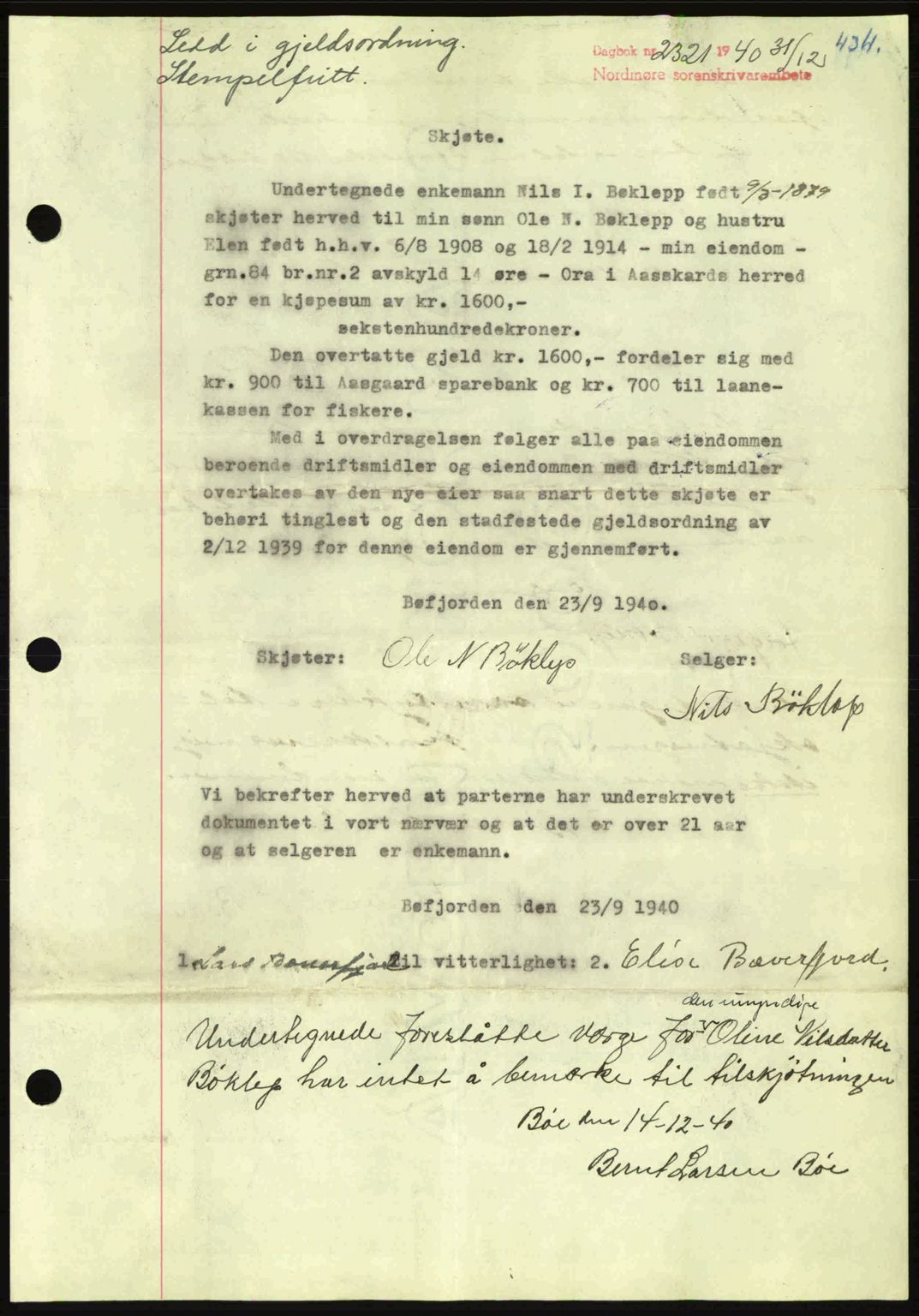 Nordmøre sorenskriveri, SAT/A-4132/1/2/2Ca: Mortgage book no. A89, 1940-1941, Diary no: : 2321/1940