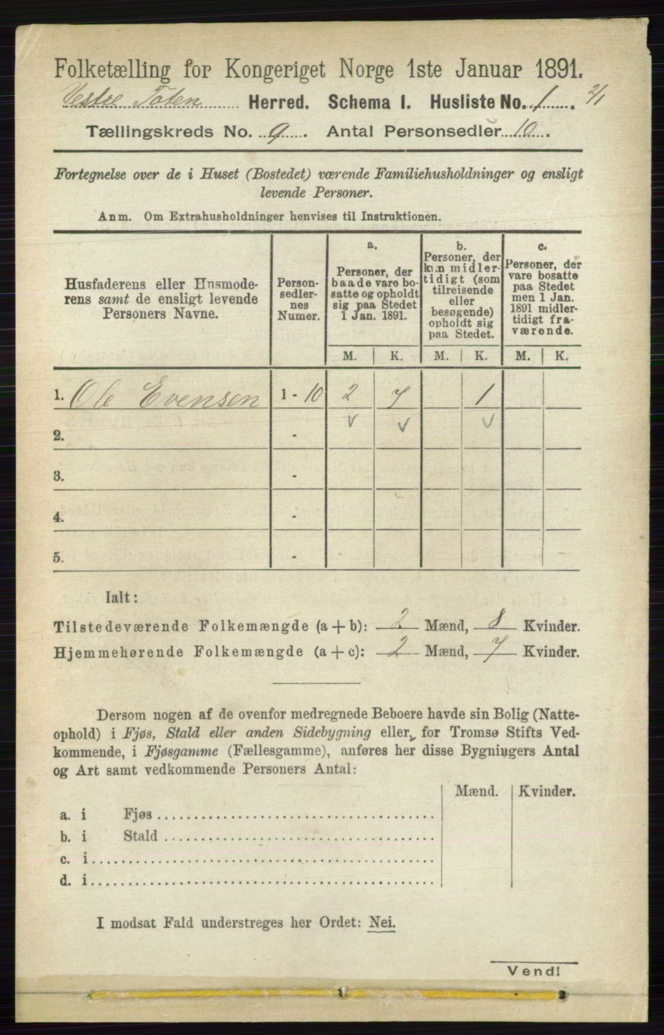 RA, 1891 census for 0529 Vestre Toten, 1891, p. 5453