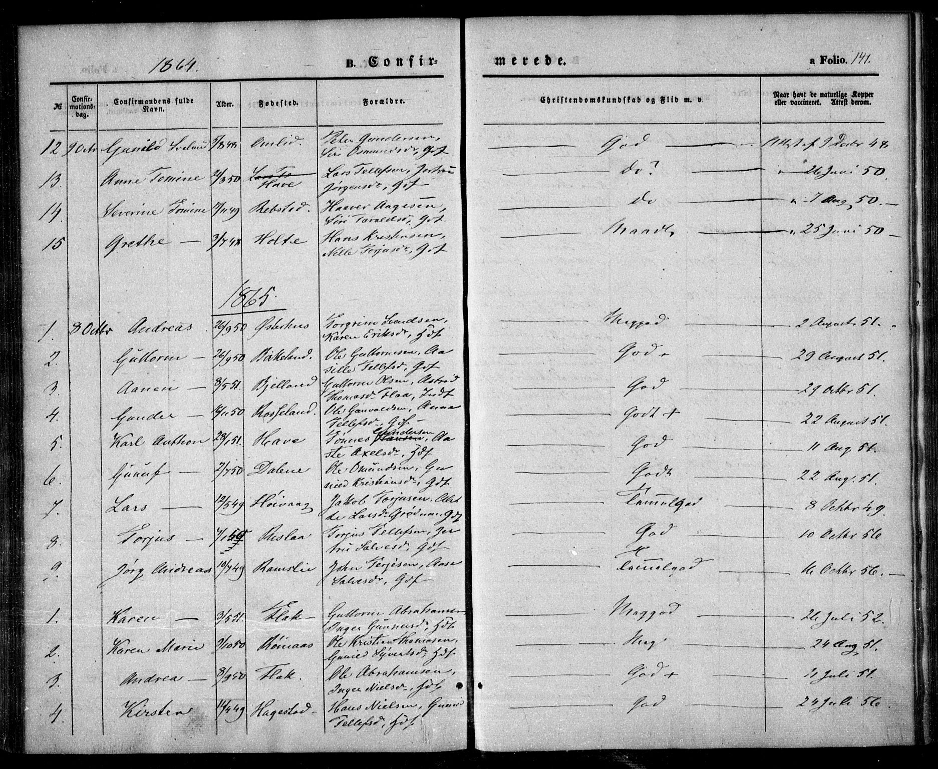 Birkenes sokneprestkontor, SAK/1111-0004/F/Fa/L0003: Parish register (official) no. A 3, 1850-1866, p. 141