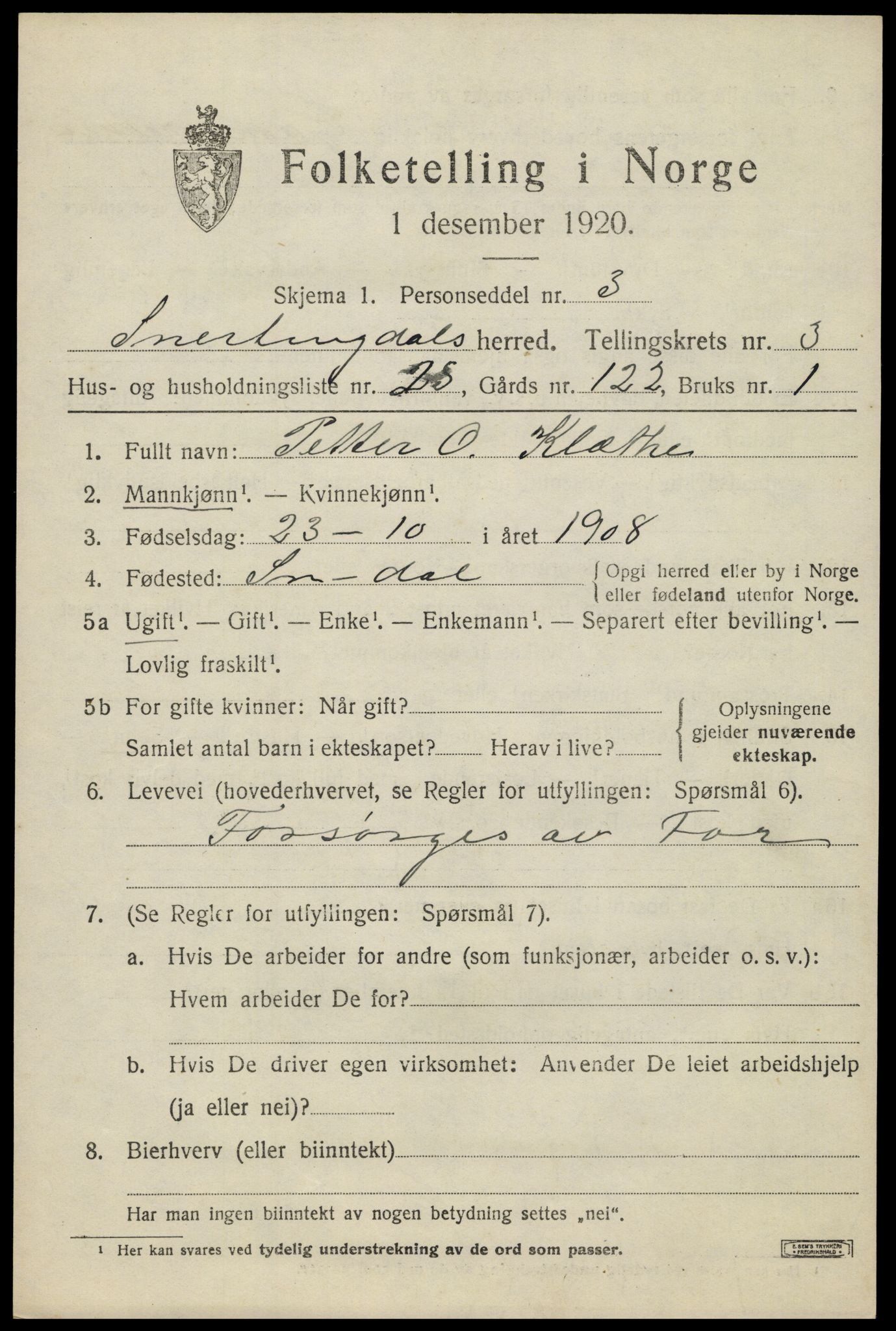 SAH, 1920 census for Snertingdal, 1920, p. 2933