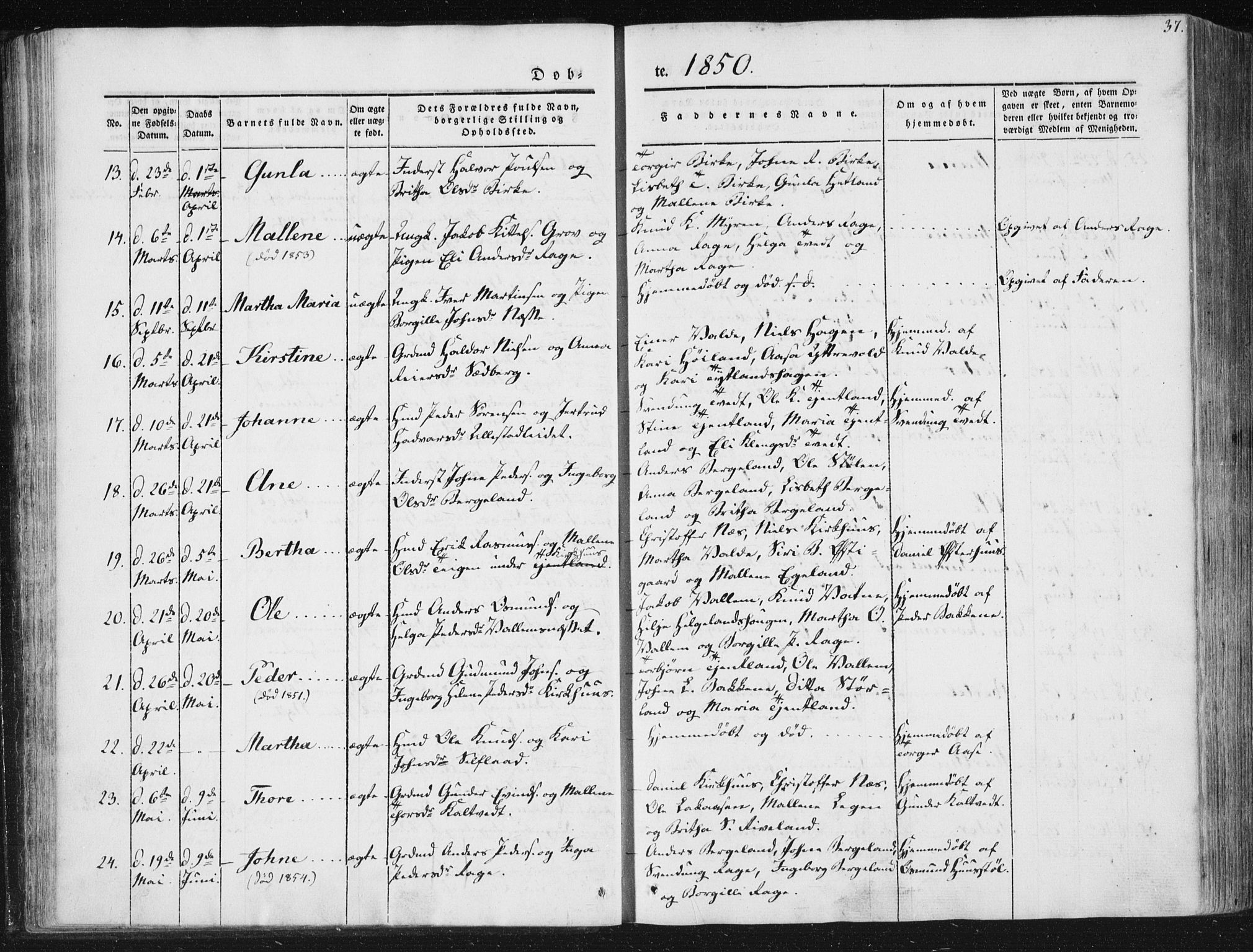 Hjelmeland sokneprestkontor, AV/SAST-A-101843/01/IV/L0008: Parish register (official) no. A 8, 1842-1861, p. 37