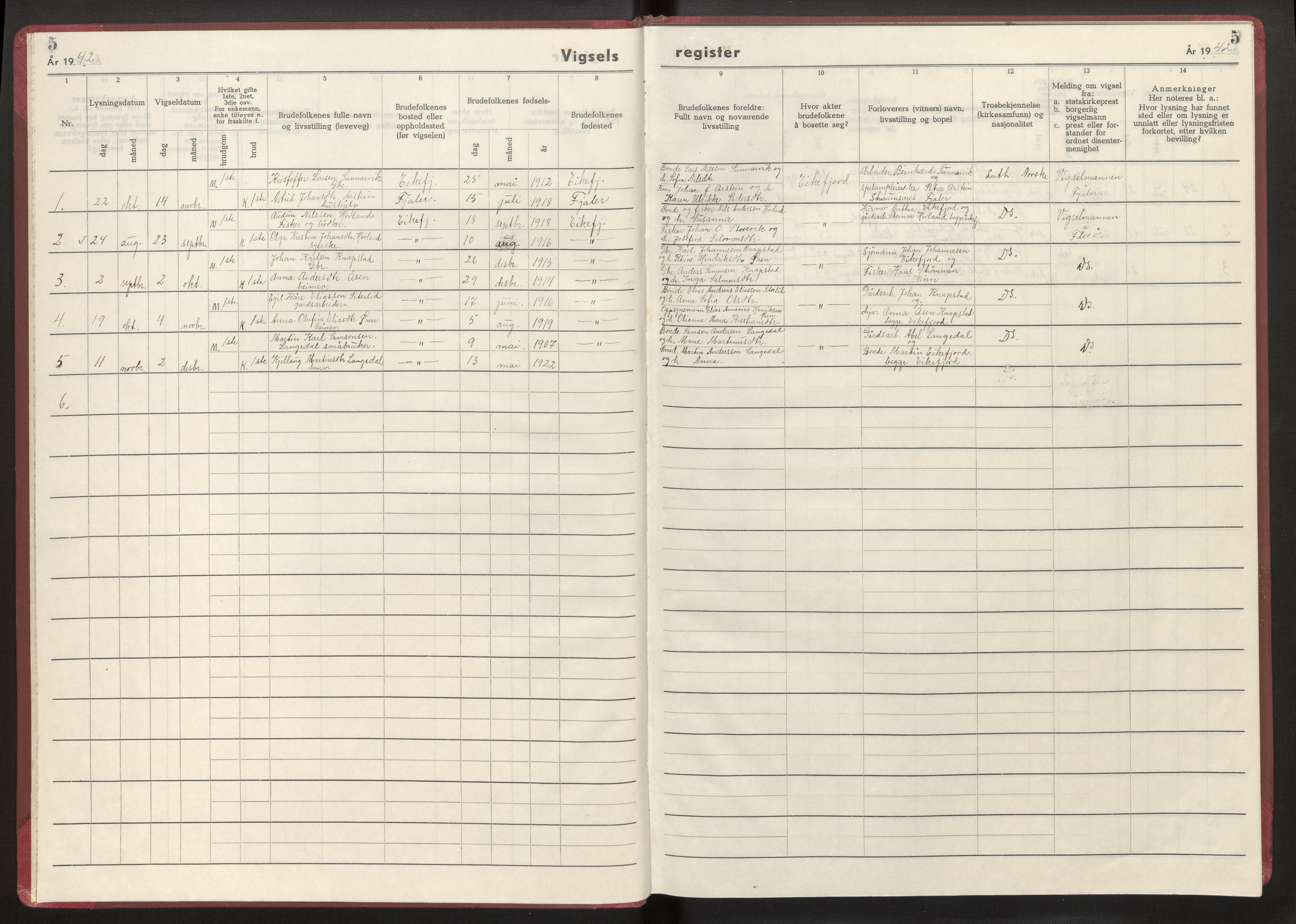 Eikefjord folkeregister (Krigsregister), AV/SAB-A-87201/F/L0002: Vigselsregister, 1942-1944