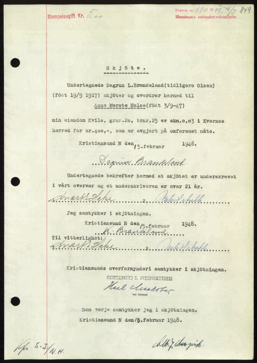 Nordmøre sorenskriveri, AV/SAT-A-4132/1/2/2Ca: Mortgage book no. A107, 1947-1948, Diary no: : 580/1948