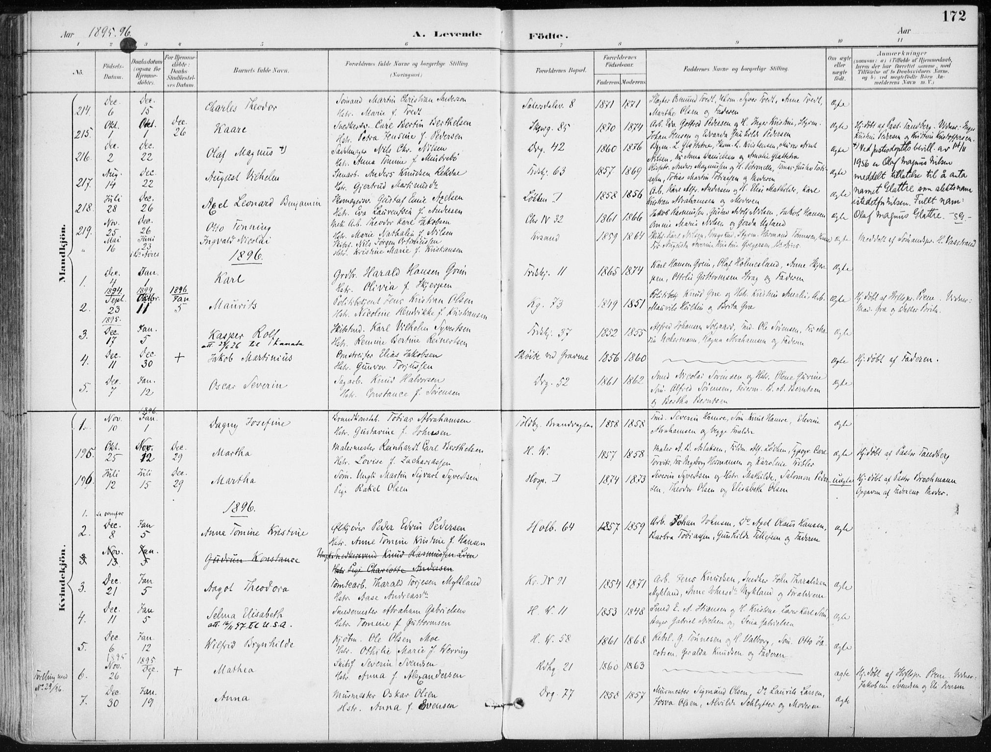 Kristiansand domprosti, AV/SAK-1112-0006/F/Fa/L0019: Parish register (official) no. A 18, 1890-1897, p. 172