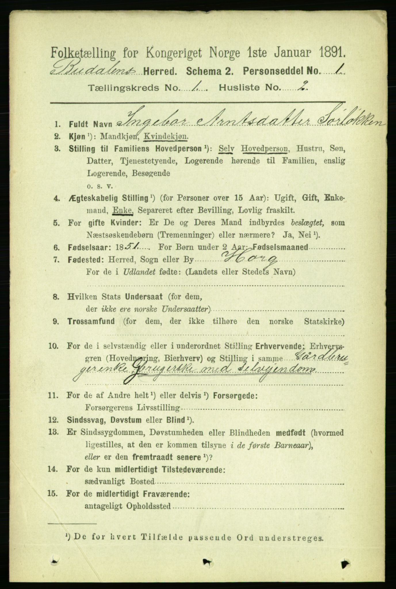 RA, 1891 census for 1647 Budal, 1891, p. 69