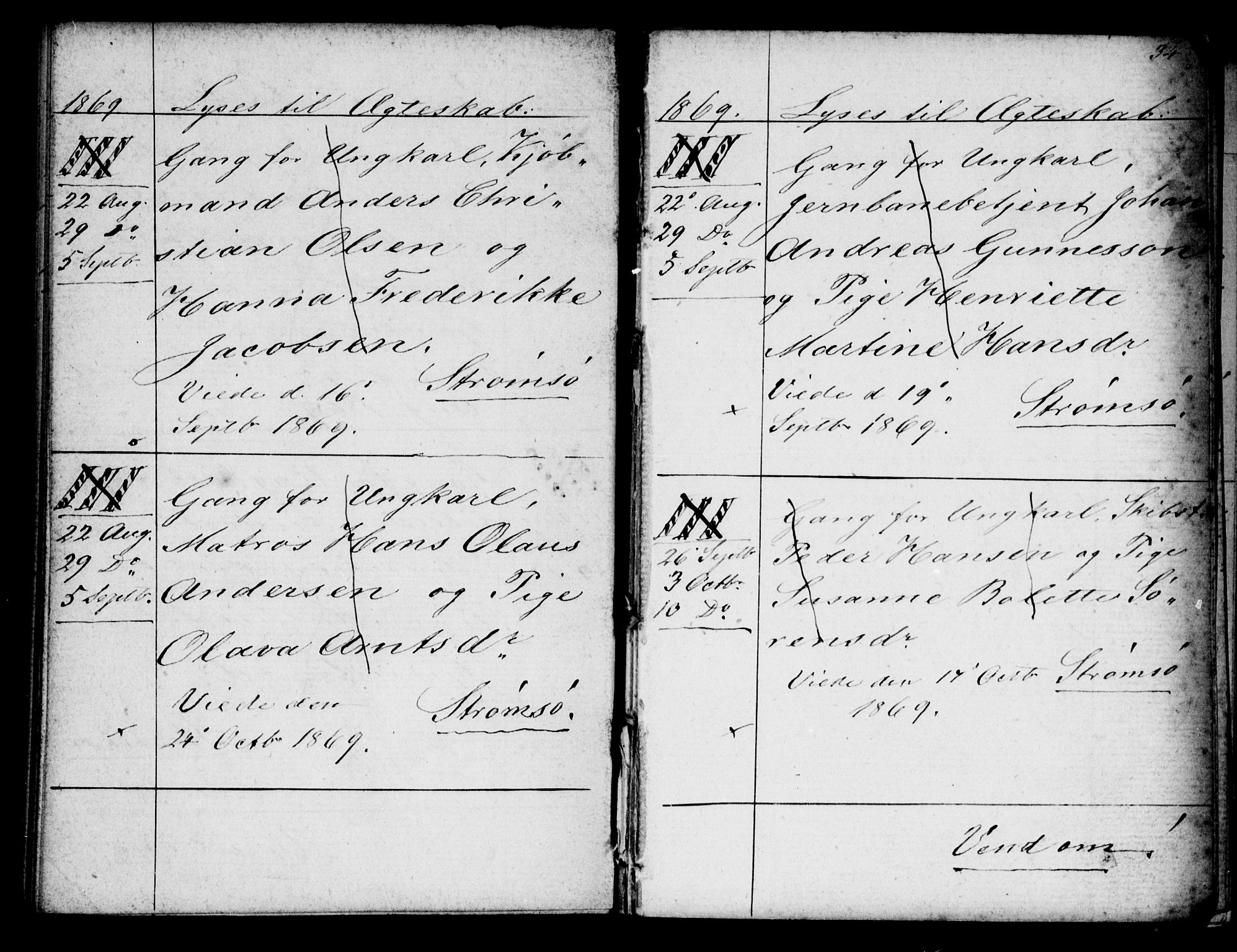 Strømsø kirkebøker, AV/SAKO-A-246/H/Ha/L0003: Banns register no. 3, 1866-1874, p. 34