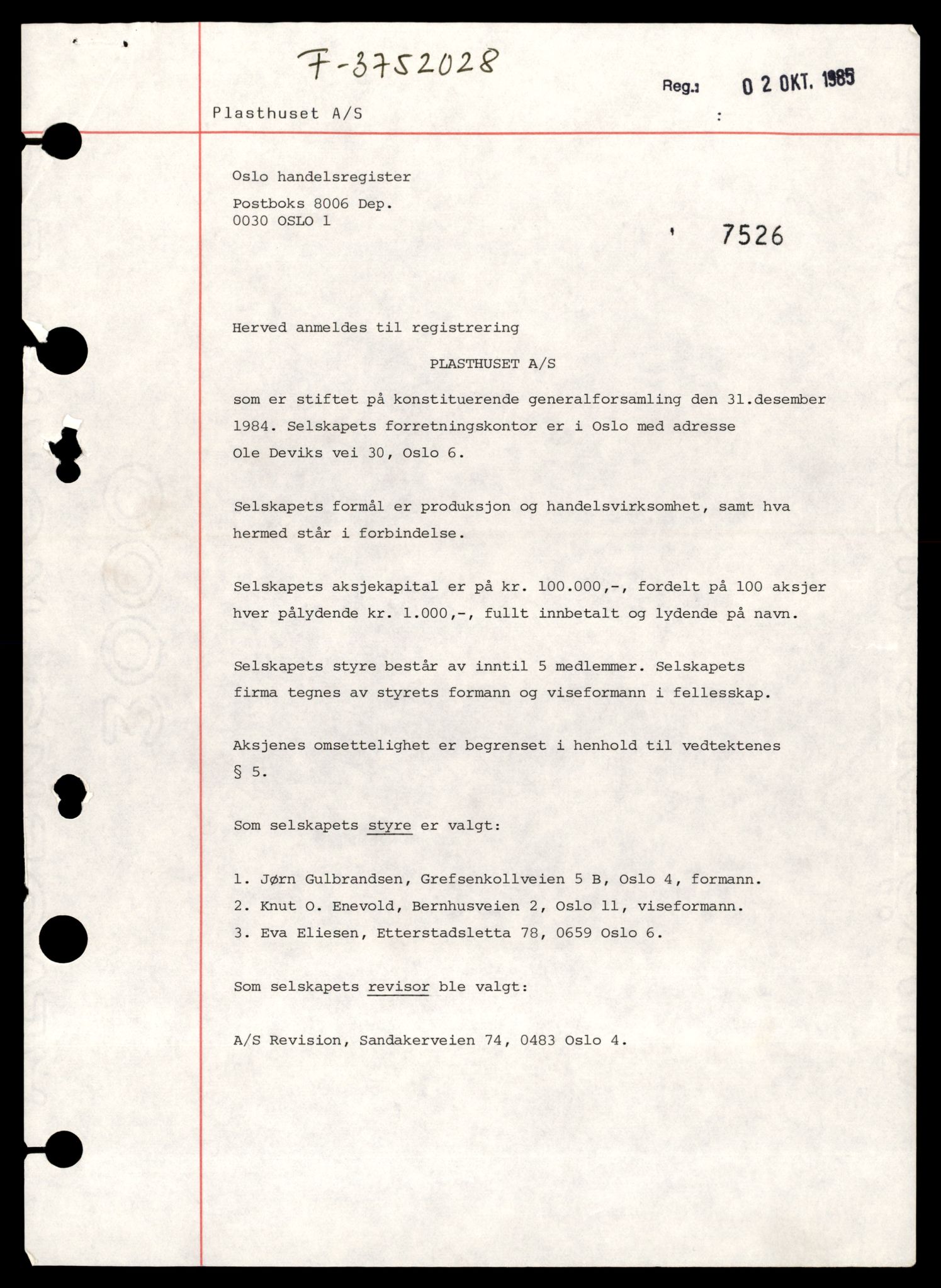 Oslo byfogd, Handelsregisteret, SAT/A-10867/G/Gb/Gbb/L0113: Registreringsmeldinger, Pl-Ø, 1989, p. 1