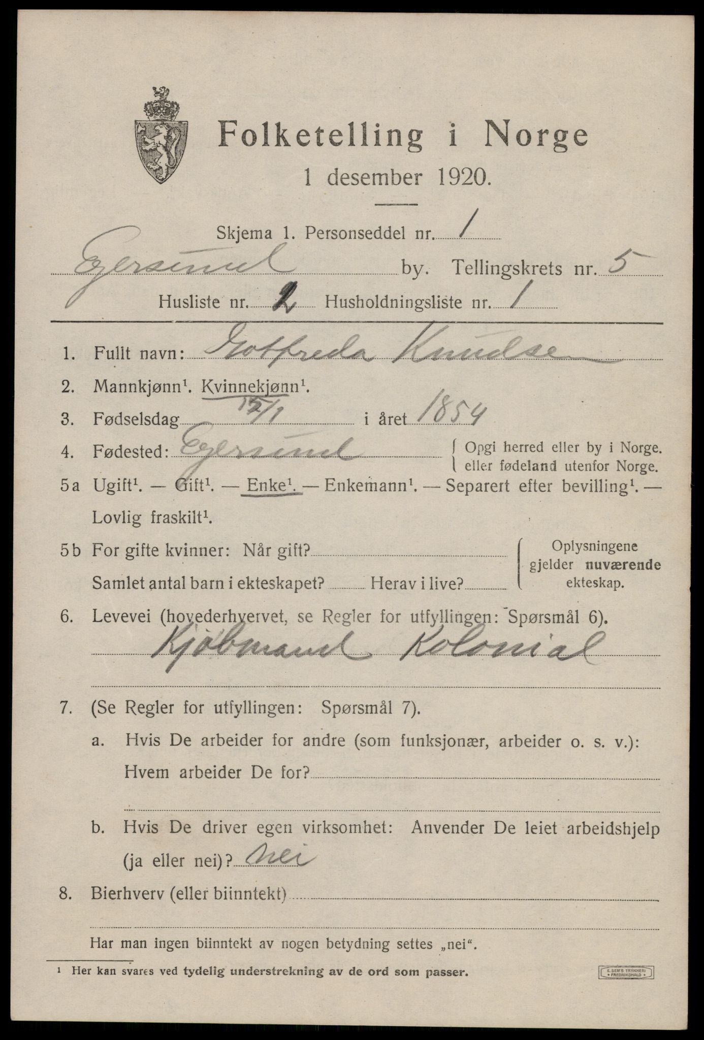 SAST, 1920 census for Egersund town, 1920, p. 8054