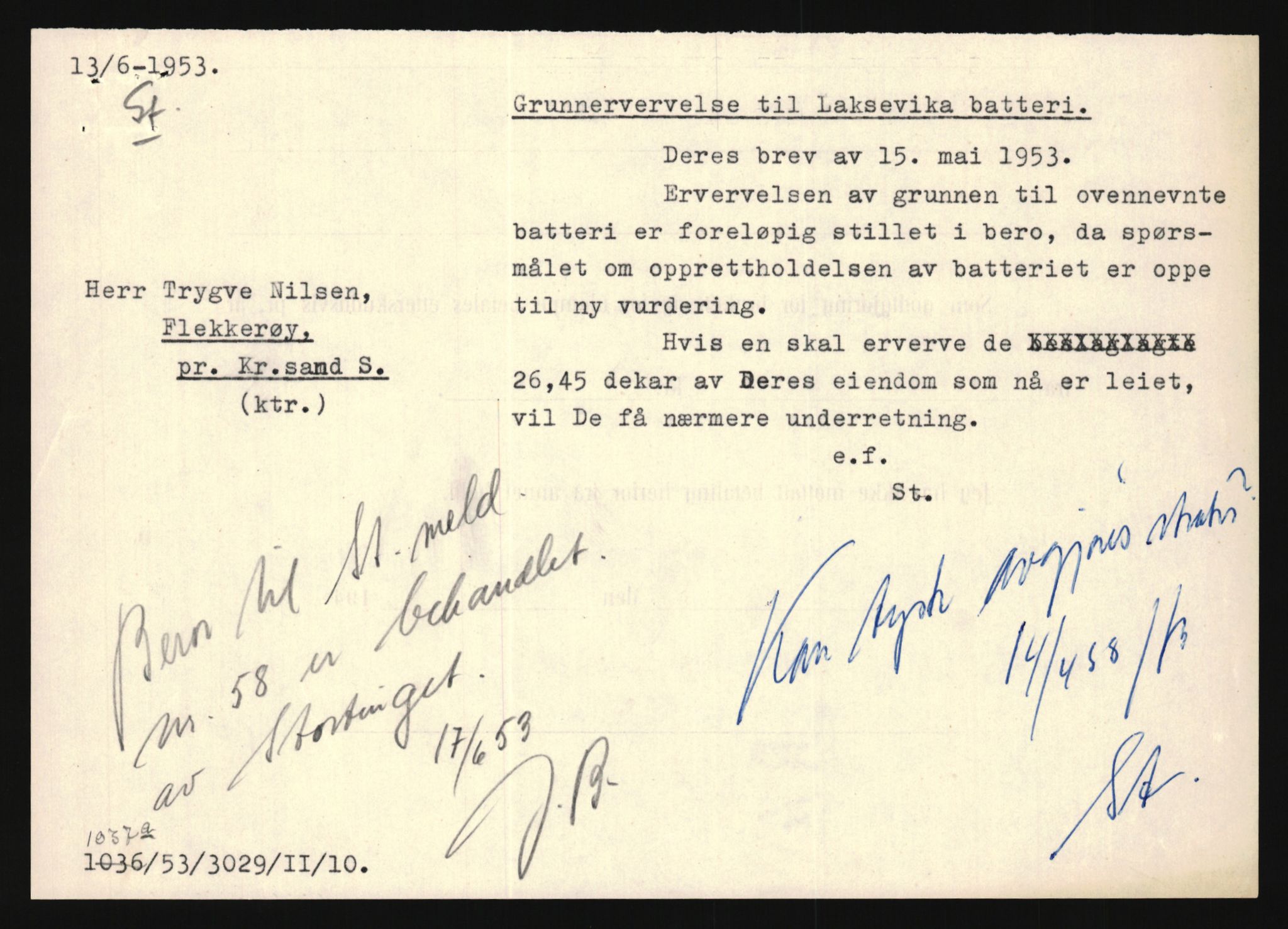 Forsvarsdepartementet, 10. kontor / Oppgjørskontoret, AV/RA-RAFA-1225/D/Da/L0062: Laksevika batteri, Kristiansand; Laksevåg ubåtbunker, Bergen, 1940-1962, p. 581