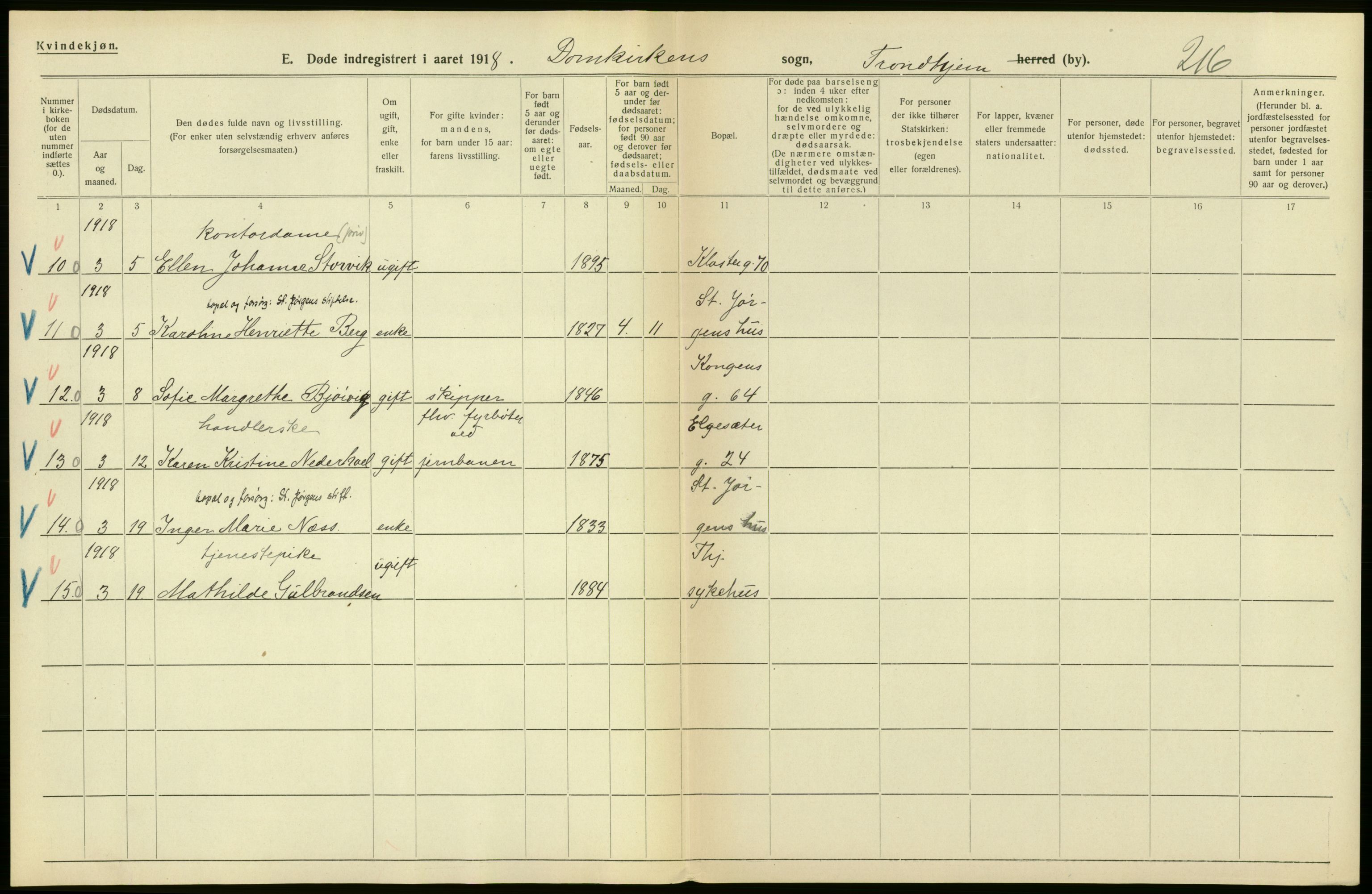 Statistisk sentralbyrå, Sosiodemografiske emner, Befolkning, AV/RA-S-2228/D/Df/Dfb/Dfbh/L0049: Trondheim: Døde, dødfødte., 1918, p. 160