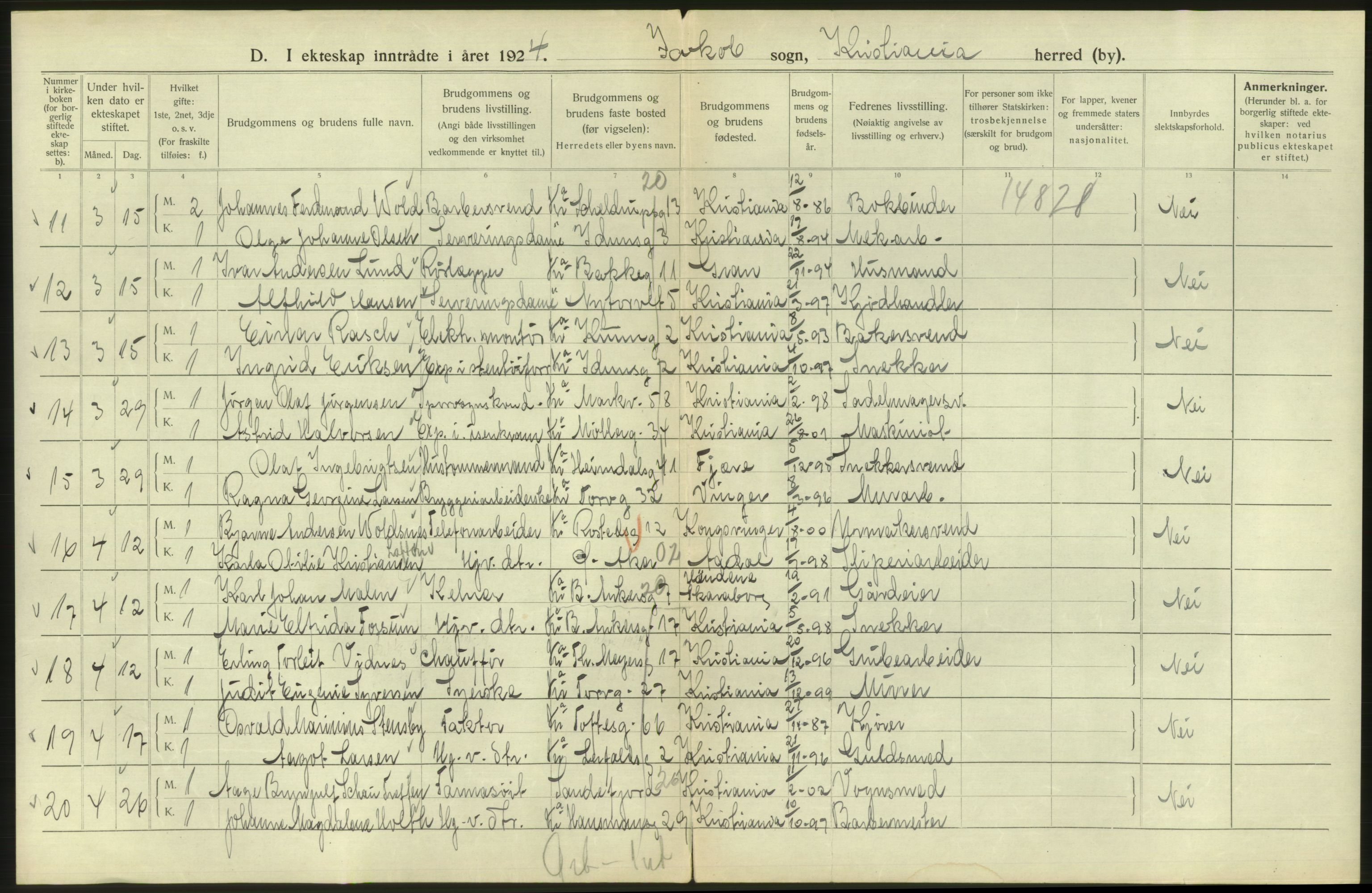 Statistisk sentralbyrå, Sosiodemografiske emner, Befolkning, AV/RA-S-2228/D/Df/Dfc/Dfcd/L0007: Kristiania: Gifte, 1924, p. 330