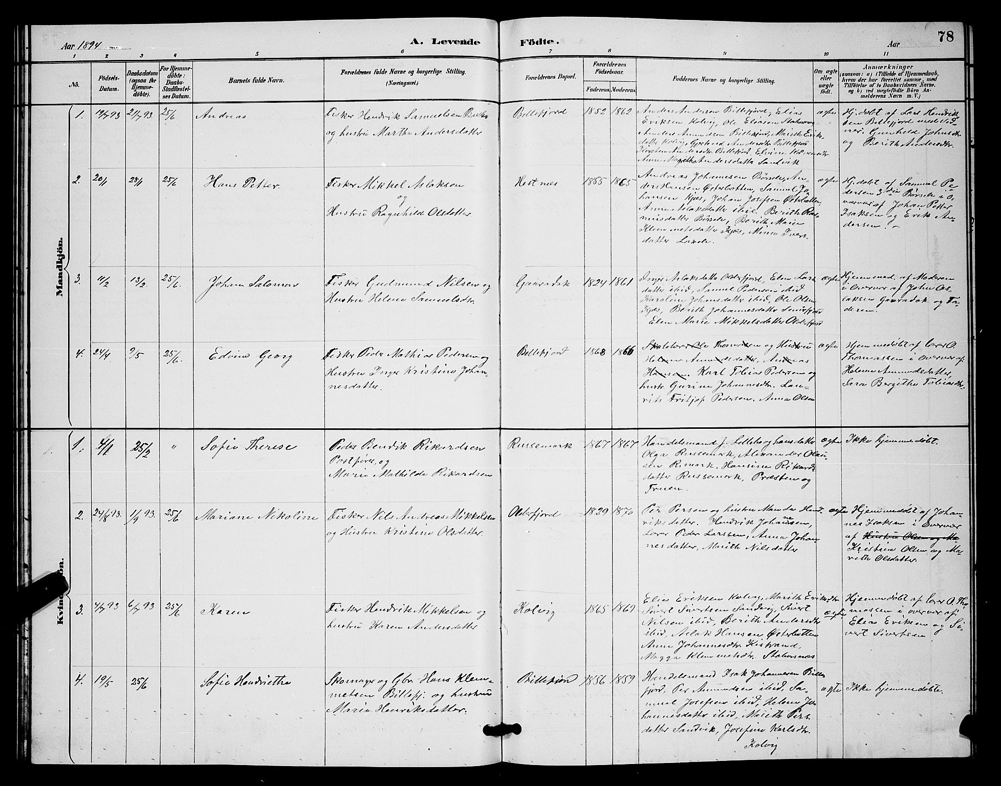 Kistrand/Porsanger sokneprestembete, AV/SATØ-S-1351/H/Hb/L0004.klokk: Parish register (copy) no. 4, 1885-1894, p. 78