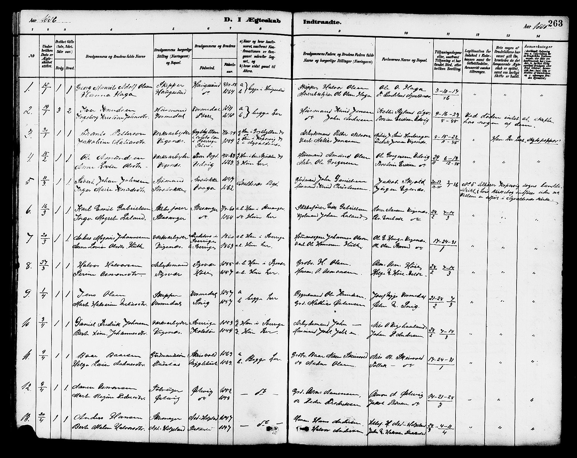 Avaldsnes sokneprestkontor, SAST/A -101851/H/Ha/Hab/L0007: Parish register (copy) no. B 7, 1885-1909, p. 263