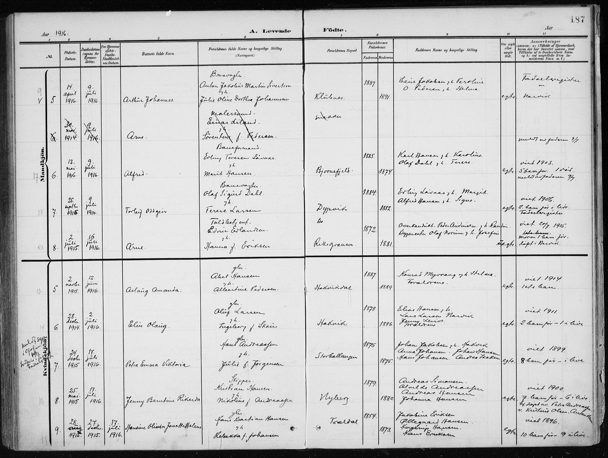 Ministerialprotokoller, klokkerbøker og fødselsregistre - Nordland, SAT/A-1459/866/L0941: Parish register (official) no. 866A04, 1901-1917, p. 187