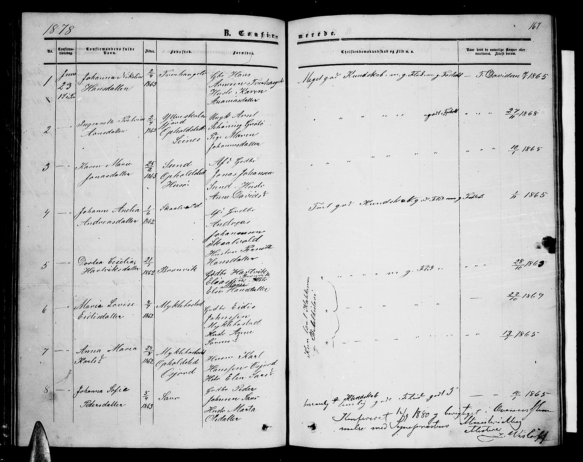 Ministerialprotokoller, klokkerbøker og fødselsregistre - Nordland, AV/SAT-A-1459/857/L0827: Parish register (copy) no. 857C02, 1852-1879, p. 167