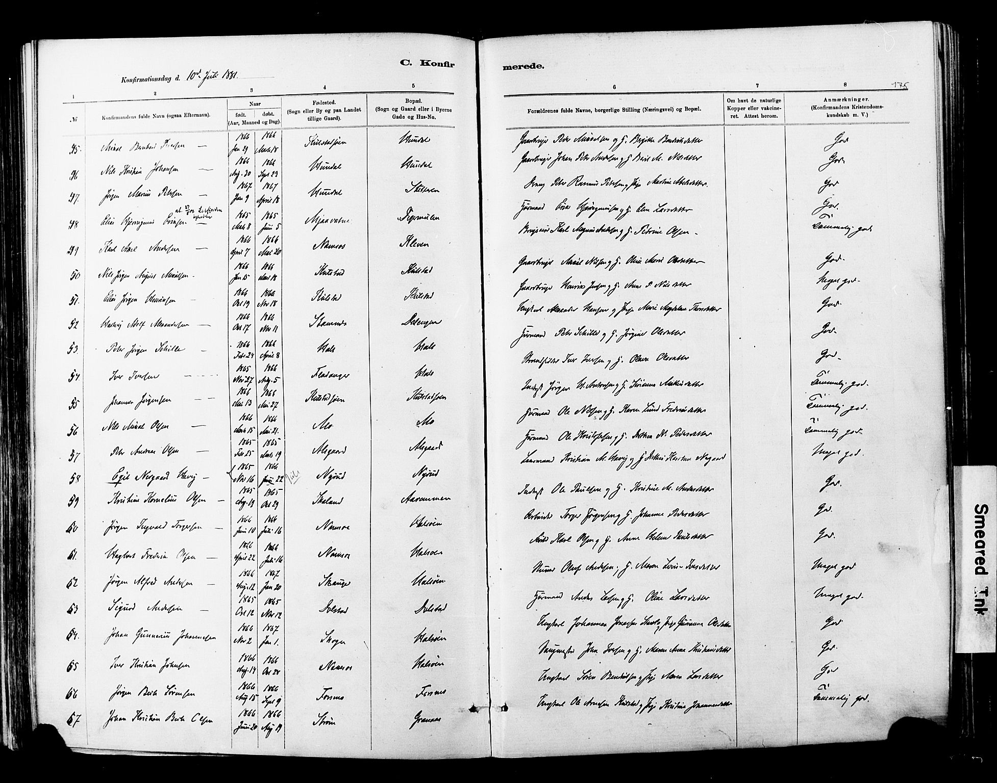 Ministerialprotokoller, klokkerbøker og fødselsregistre - Nordland, AV/SAT-A-1459/820/L0295: Parish register (official) no. 820A16, 1880-1896, p. 175