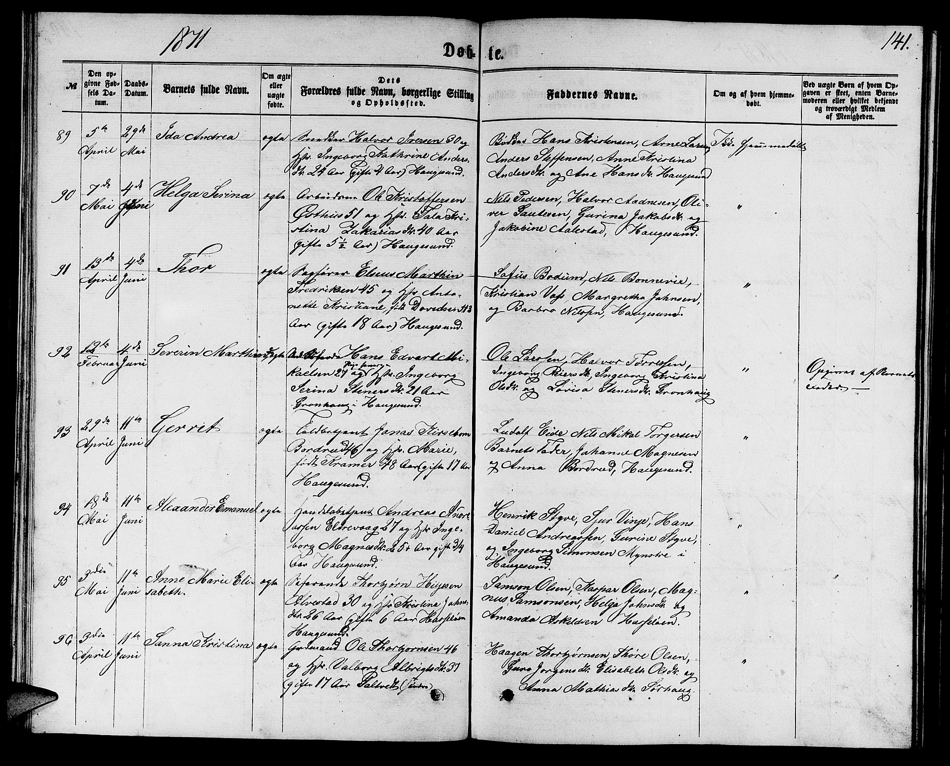 Torvastad sokneprestkontor, AV/SAST-A -101857/H/Ha/Hab/L0007: Parish register (copy) no. B 7, 1866-1873, p. 141