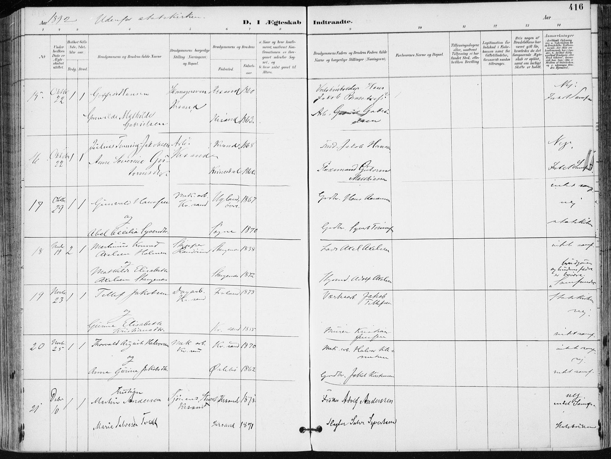 Kristiansand domprosti, SAK/1112-0006/F/Fa/L0019: Parish register (official) no. A 18, 1890-1897, p. 416