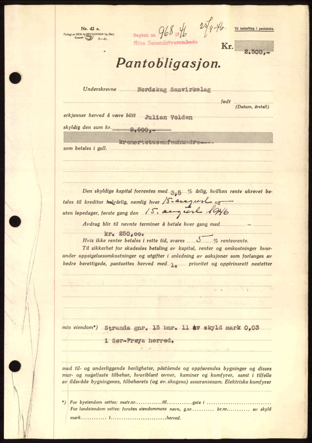 Hitra sorenskriveri, AV/SAT-A-0018/2/2C/2Ca: Mortgage book no. B1, 1939-1949, Diary no: : 968/1946