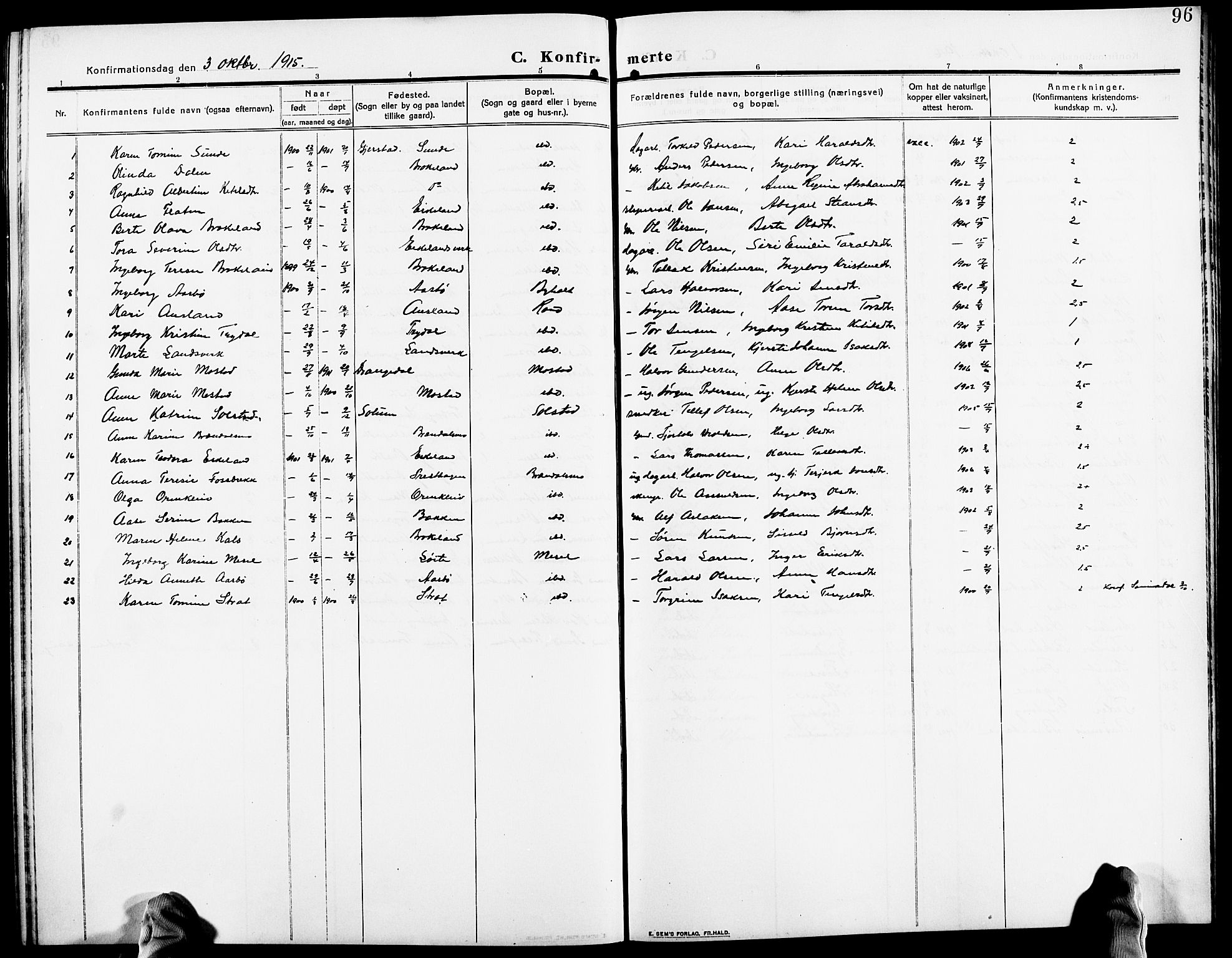 Gjerstad sokneprestkontor, AV/SAK-1111-0014/F/Fb/Fba/L0008: Parish register (copy) no. B 8, 1909-1925, p. 96