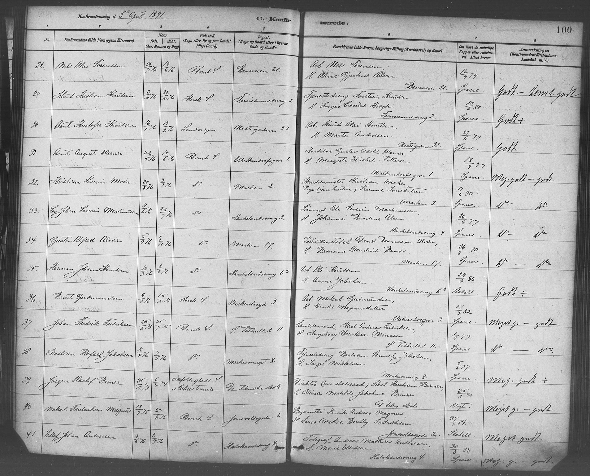 Domkirken sokneprestembete, SAB/A-74801/H/Haa/L0030: Parish register (official) no. C 5, 1880-1898, p. 100
