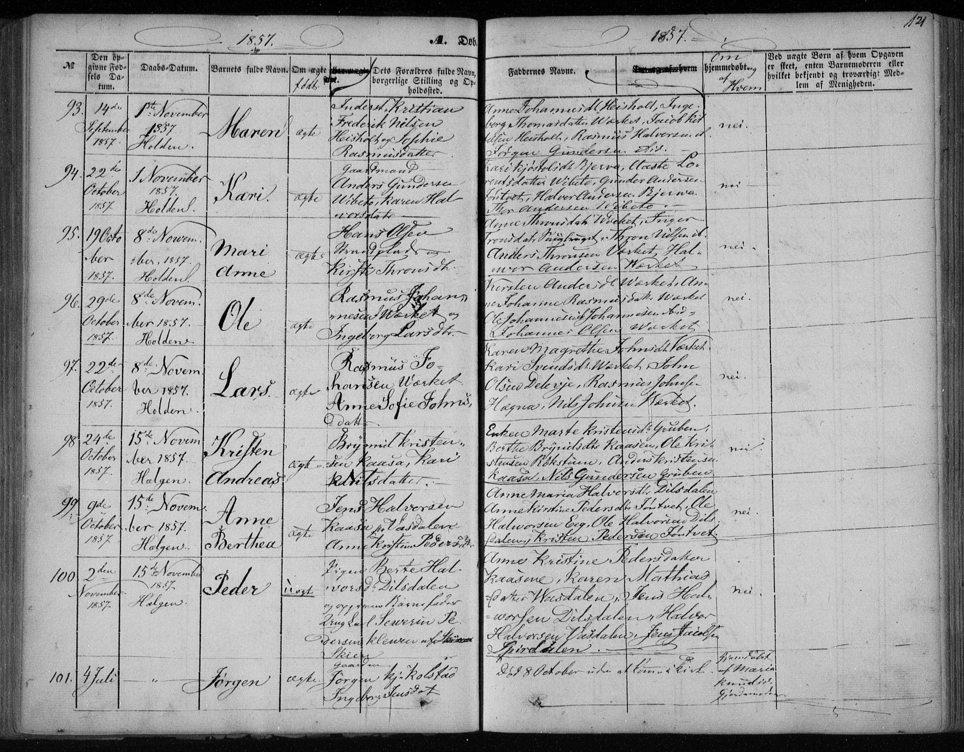 Holla kirkebøker, SAKO/A-272/F/Fa/L0005: Parish register (official) no. 5, 1849-1860, p. 121