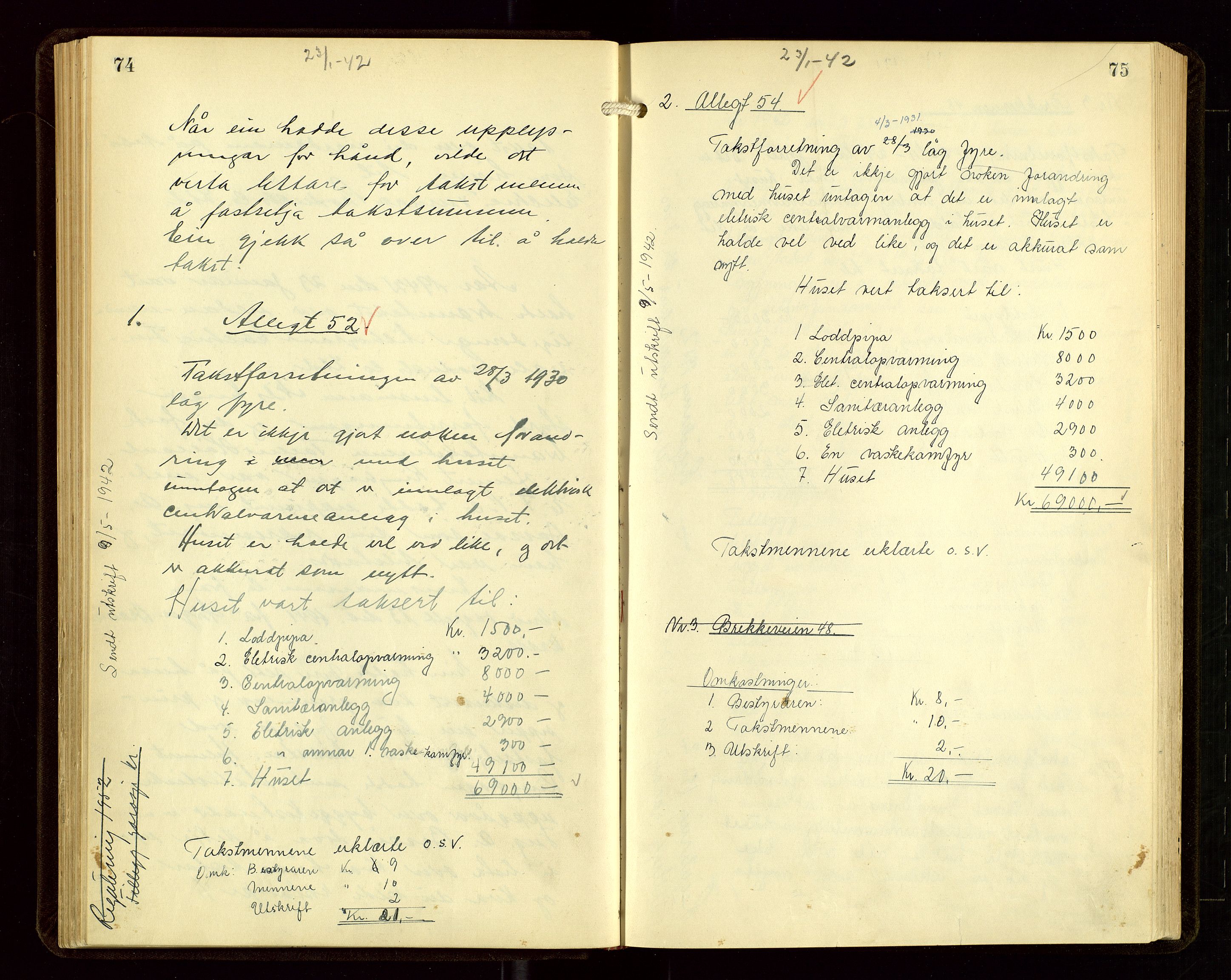 Sauda lensmannskontor, AV/SAST-A-100177/Goa/L0004: "Brandtakstprotokoll for Sauda lensmannsdistrikt", 1934-1946, p. 74-75