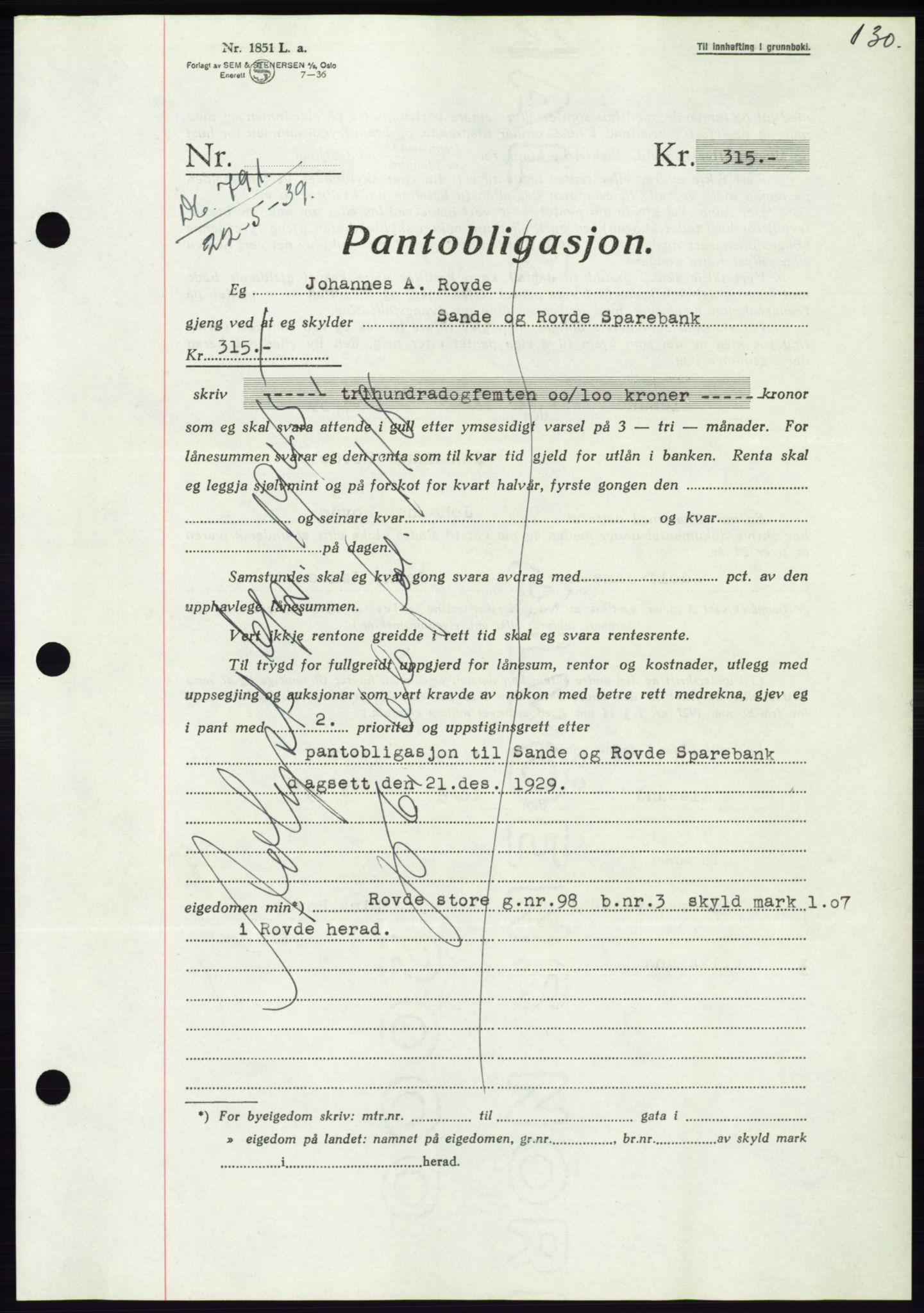 Søre Sunnmøre sorenskriveri, AV/SAT-A-4122/1/2/2C/L0068: Mortgage book no. 62, 1939-1939, Diary no: : 791/1939