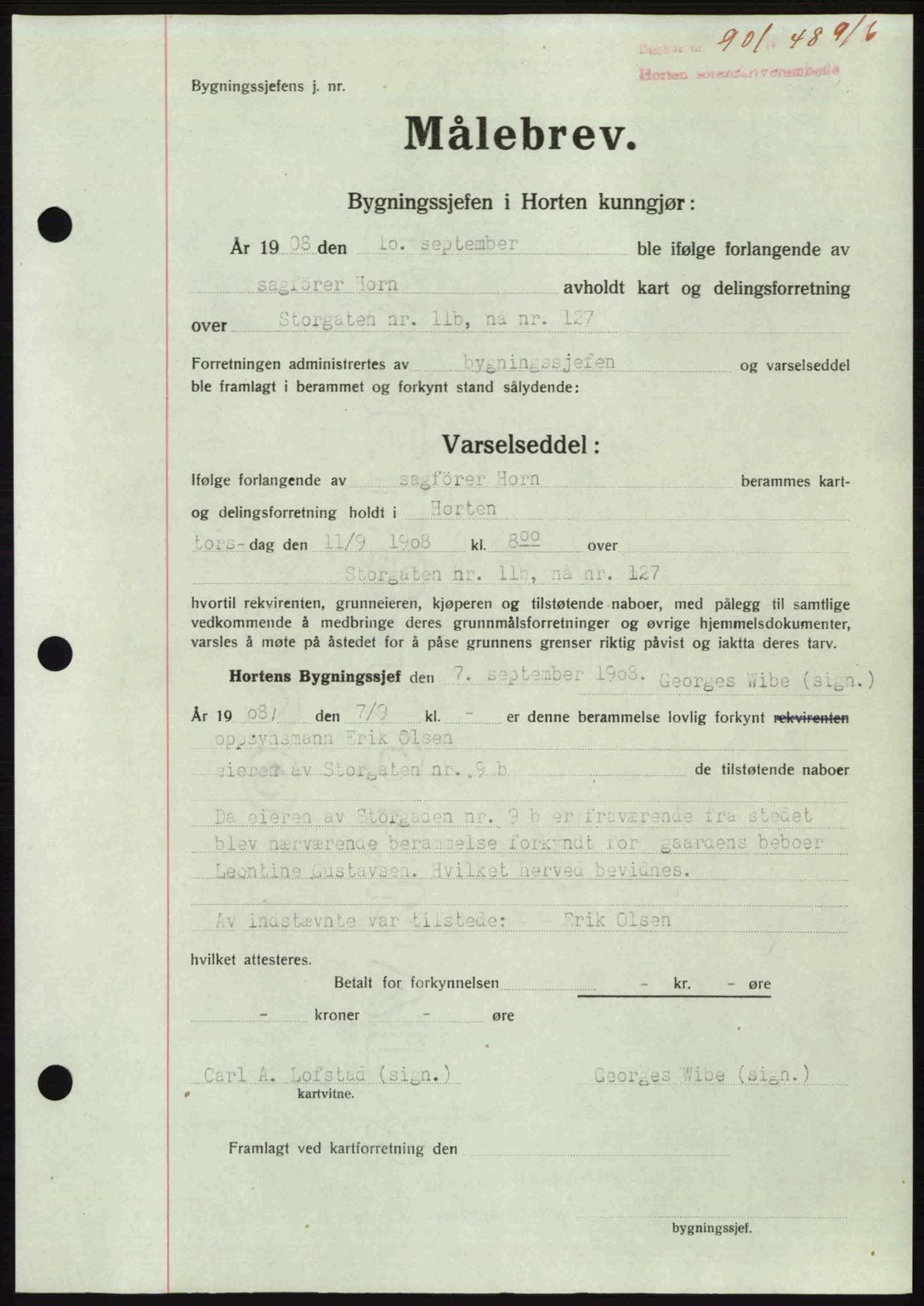 Horten sorenskriveri, AV/SAKO-A-133/G/Ga/Gaa/L0010: Mortgage book no. A-10, 1947-1948, Diary no: : 901/1948