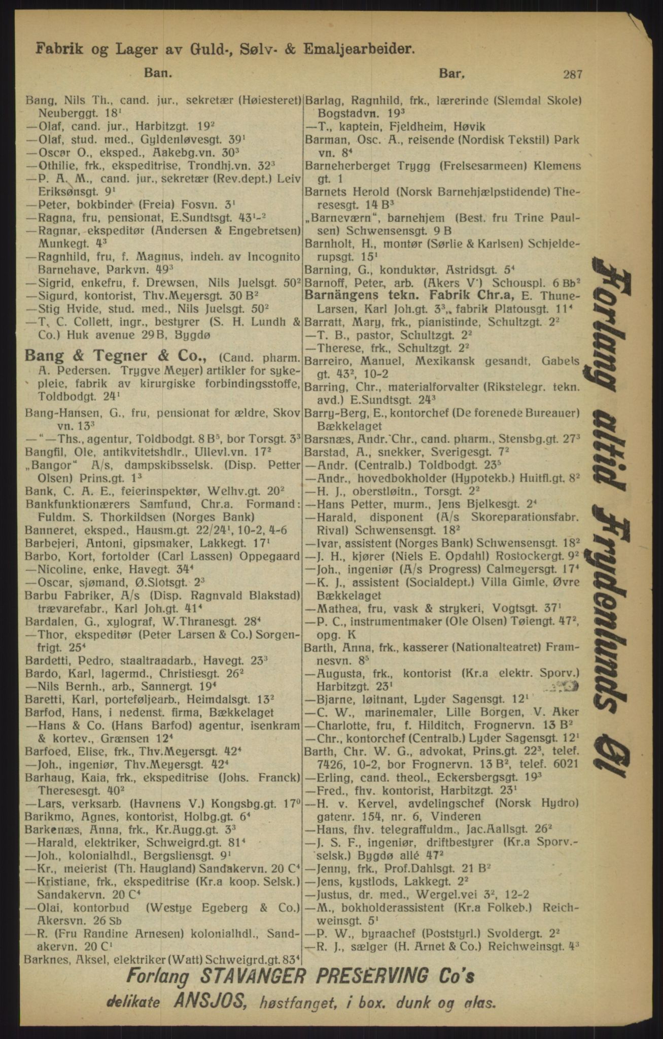 Kristiania/Oslo adressebok, PUBL/-, 1915, p. 287