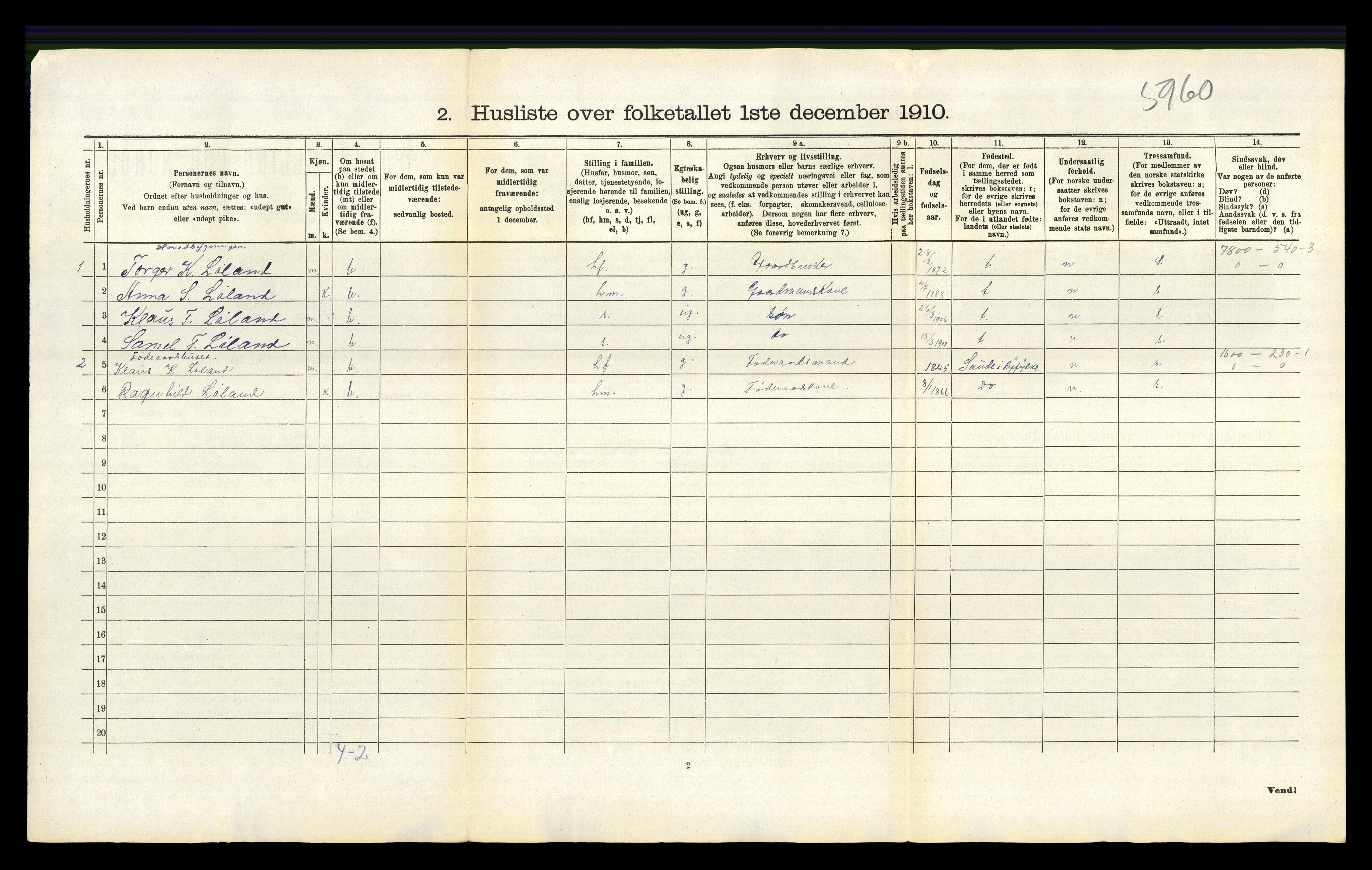 RA, 1910 census for Sand, 1910, p. 90