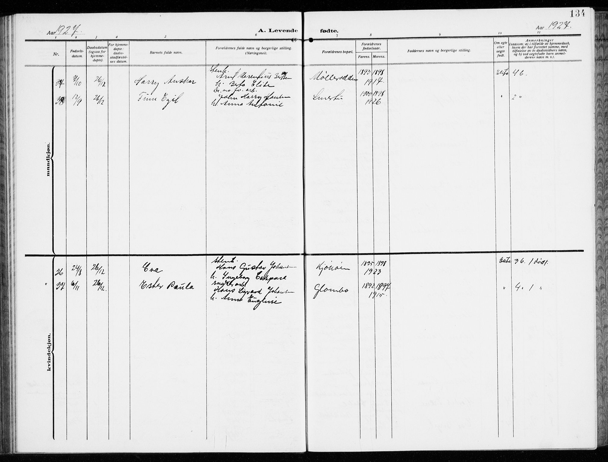 Kråkerøy prestekontor Kirkebøker, AV/SAO-A-10912/G/Ga/L0001: Parish register (copy) no. 1, 1908-1944, p. 134