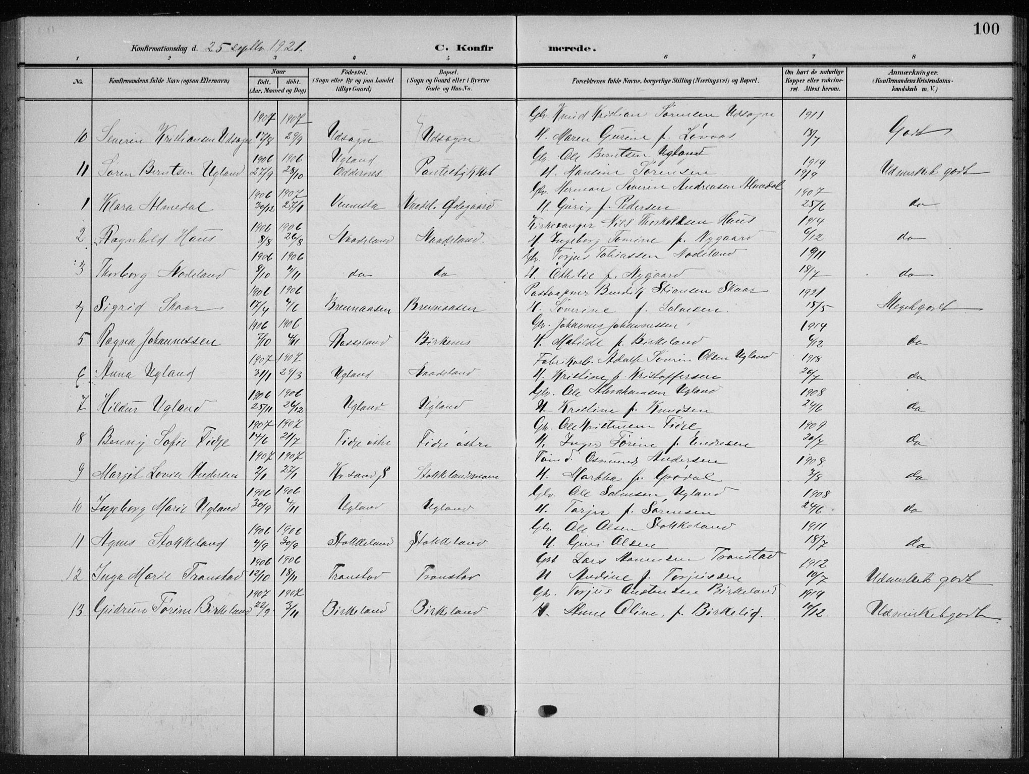 Søgne sokneprestkontor, SAK/1111-0037/F/Fb/Fba/L0005: Parish register (copy) no. B 5, 1904-1936, p. 100