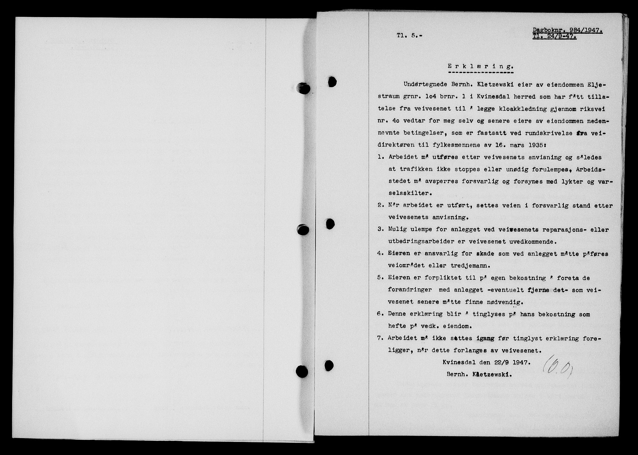Flekkefjord sorenskriveri, SAK/1221-0001/G/Gb/Gba/L0062: Mortgage book no. A-10, 1947-1947, Diary no: : 984/1947