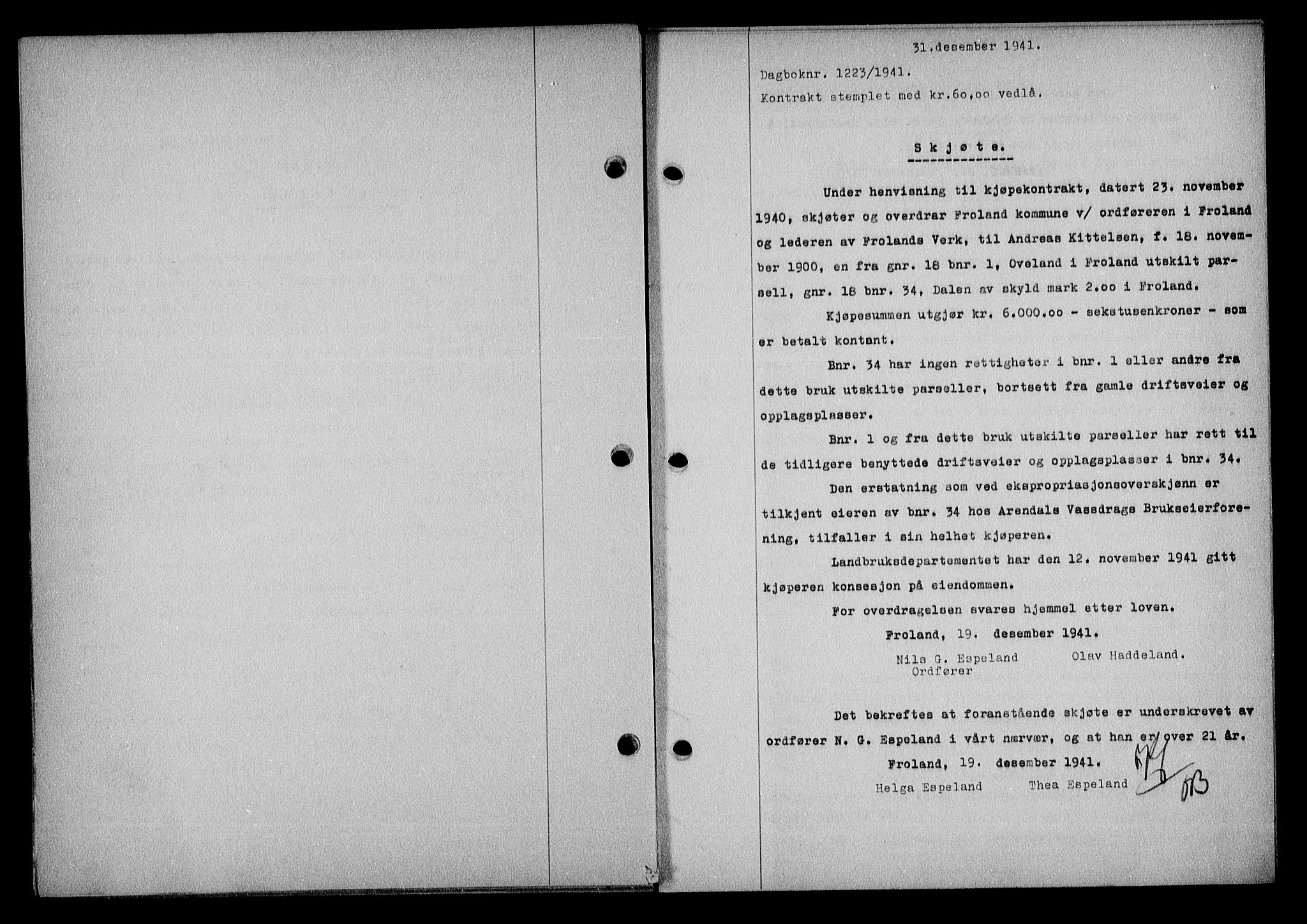 Nedenes sorenskriveri, SAK/1221-0006/G/Gb/Gba/L0049: Mortgage book no. A-III, 1941-1942, Diary no: : 1223/1941