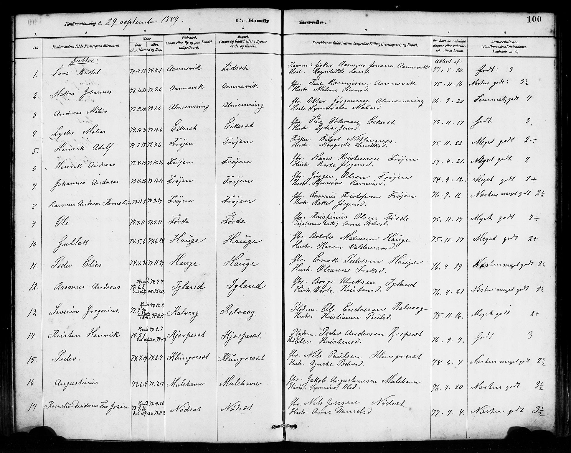 Bremanger sokneprestembete, SAB/A-82201/H/Haa/Haab/L0001: Parish register (official) no. B 1, 1884-1895, p. 100