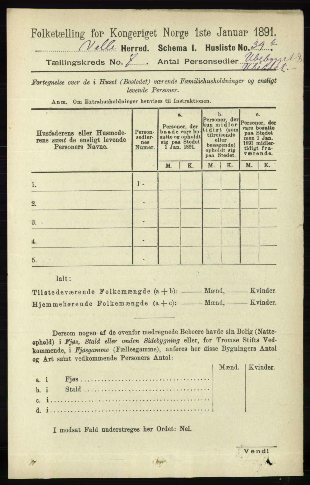 RA, 1891 census for 0940 Valle, 1891, p. 1964