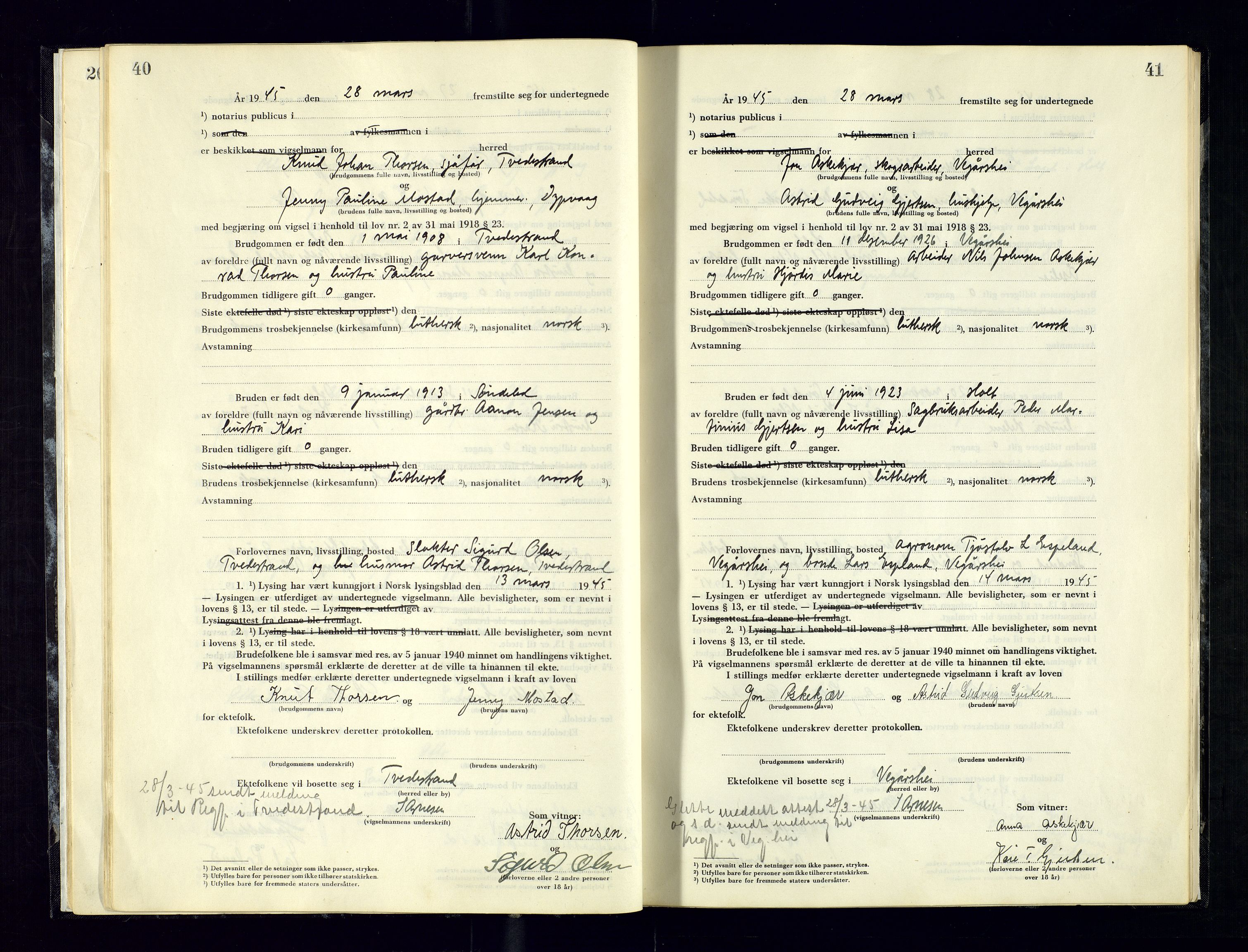 Holt sorenskriveri, AV/SAK-1221-0002/L/Ld/L0003: Vigselbok nr. 2, 1944-1964, p. 40-41