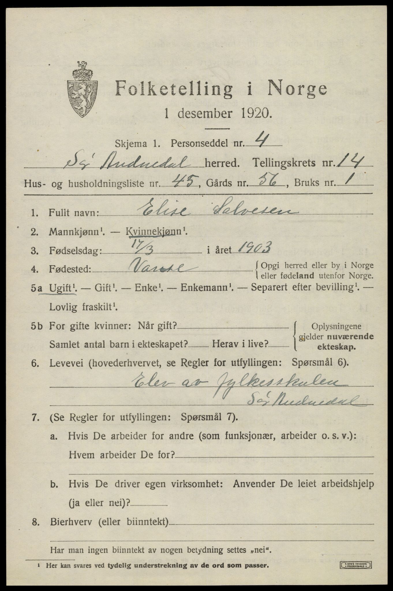 SAK, 1920 census for Sør-Audnedal, 1920, p. 5601