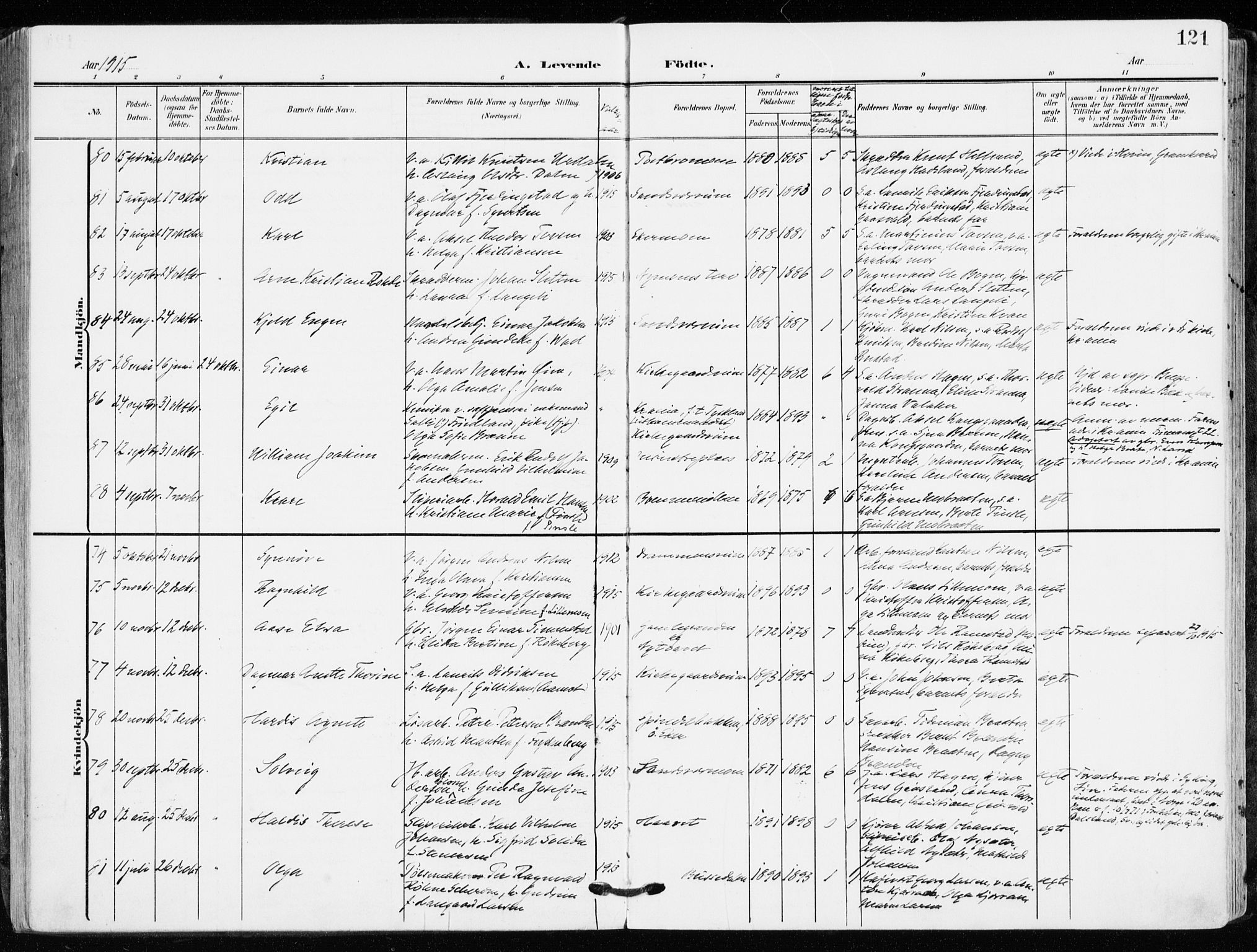 Kongsberg kirkebøker, AV/SAKO-A-22/F/Fb/L0004: Parish register (official) no. II 4, 1906-1918, p. 121