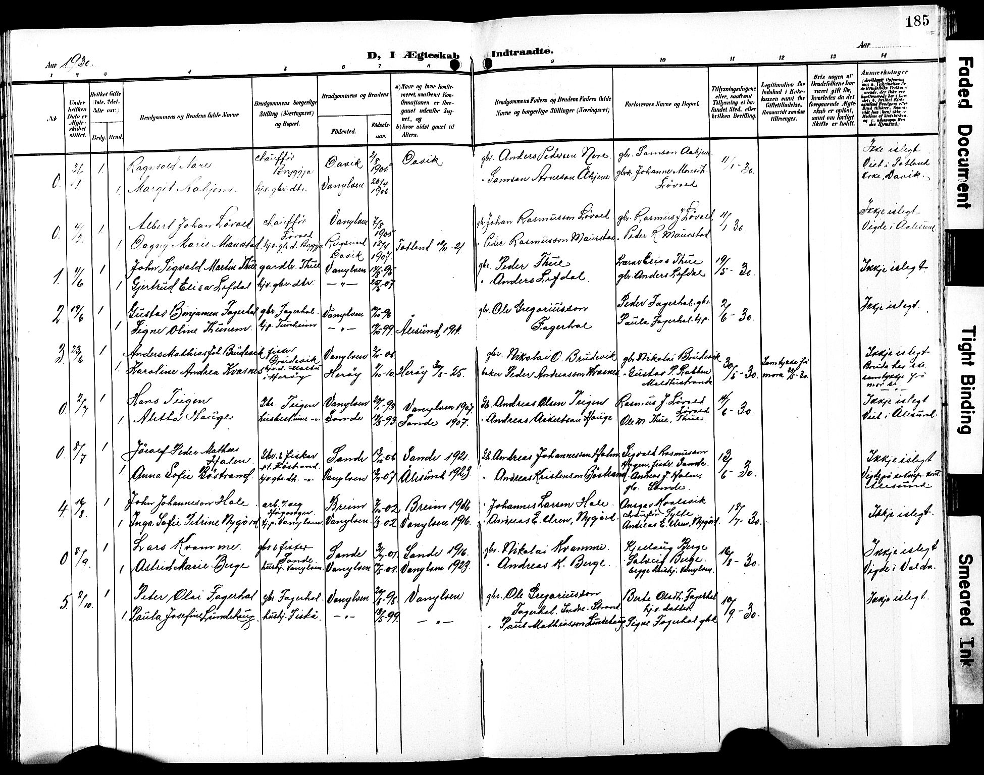 Ministerialprotokoller, klokkerbøker og fødselsregistre - Møre og Romsdal, SAT/A-1454/501/L0018: Parish register (copy) no. 501C04, 1902-1930, p. 185