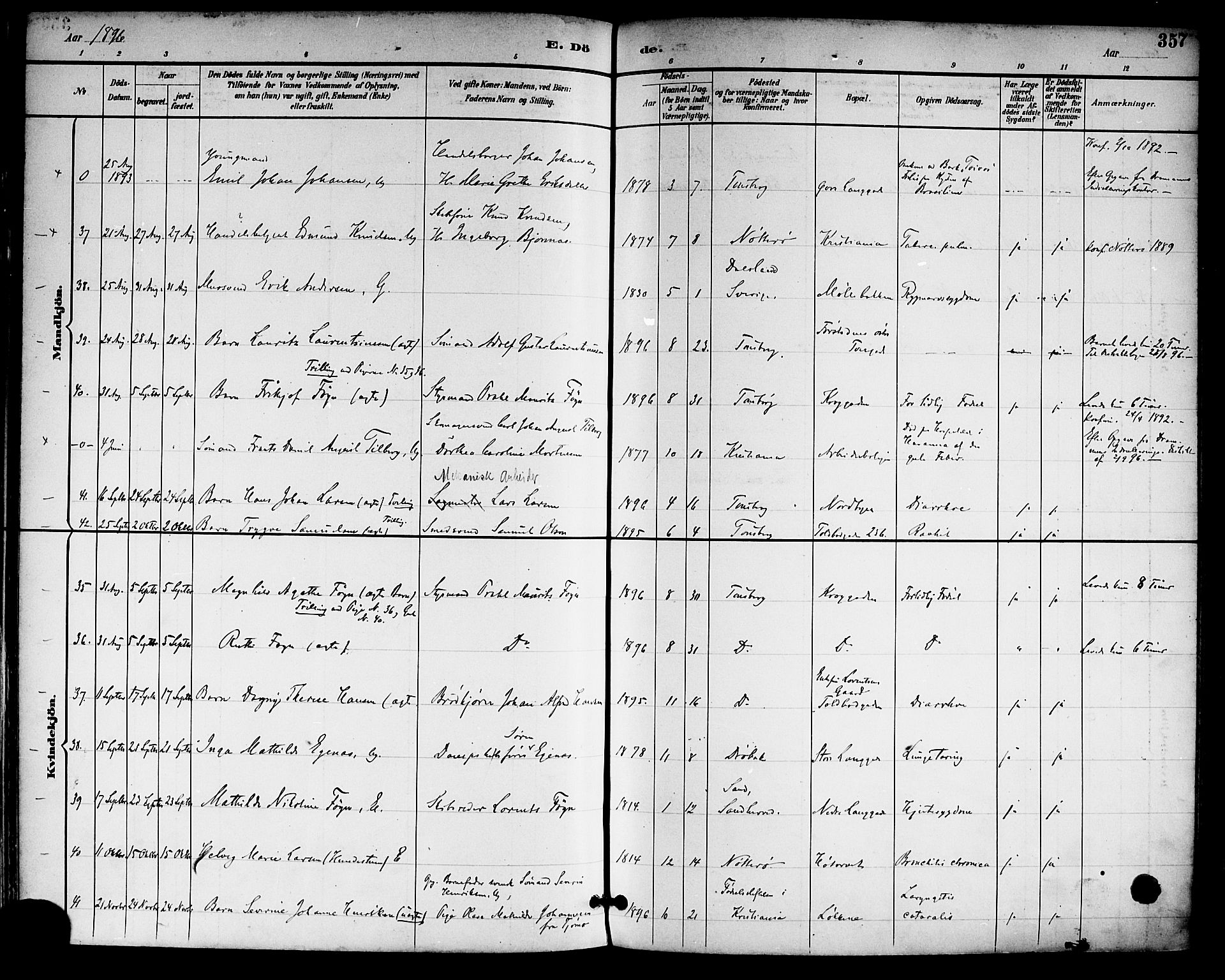 Tønsberg kirkebøker, AV/SAKO-A-330/F/Fa/L0012: Parish register (official) no. I 12, 1891-1899, p. 357