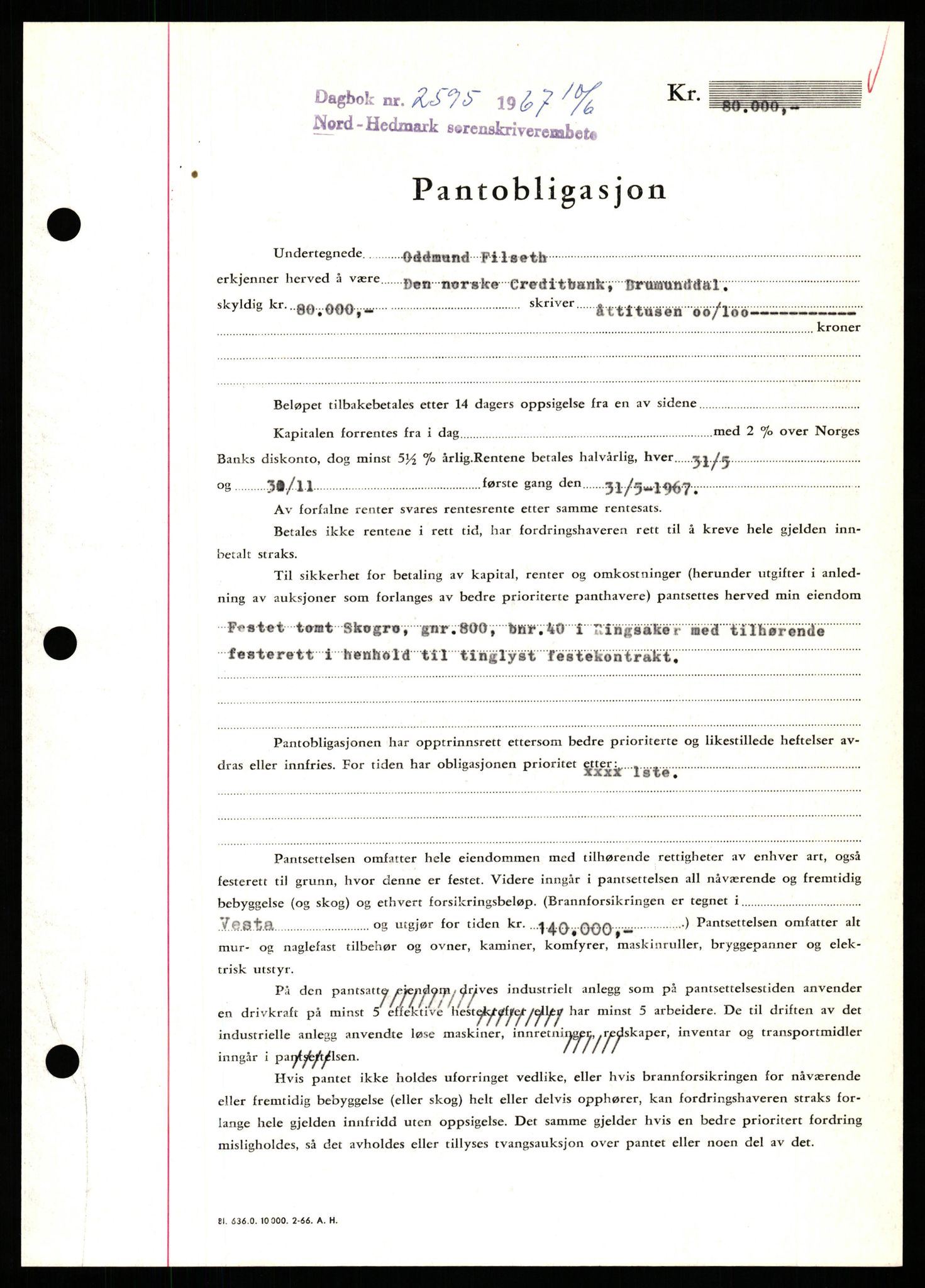 Nord-Hedmark sorenskriveri, SAH/TING-012/H/Hb/Hbf/L0071: Mortgage book no. B71, 1967-1967, Diary no: : 2595/1967