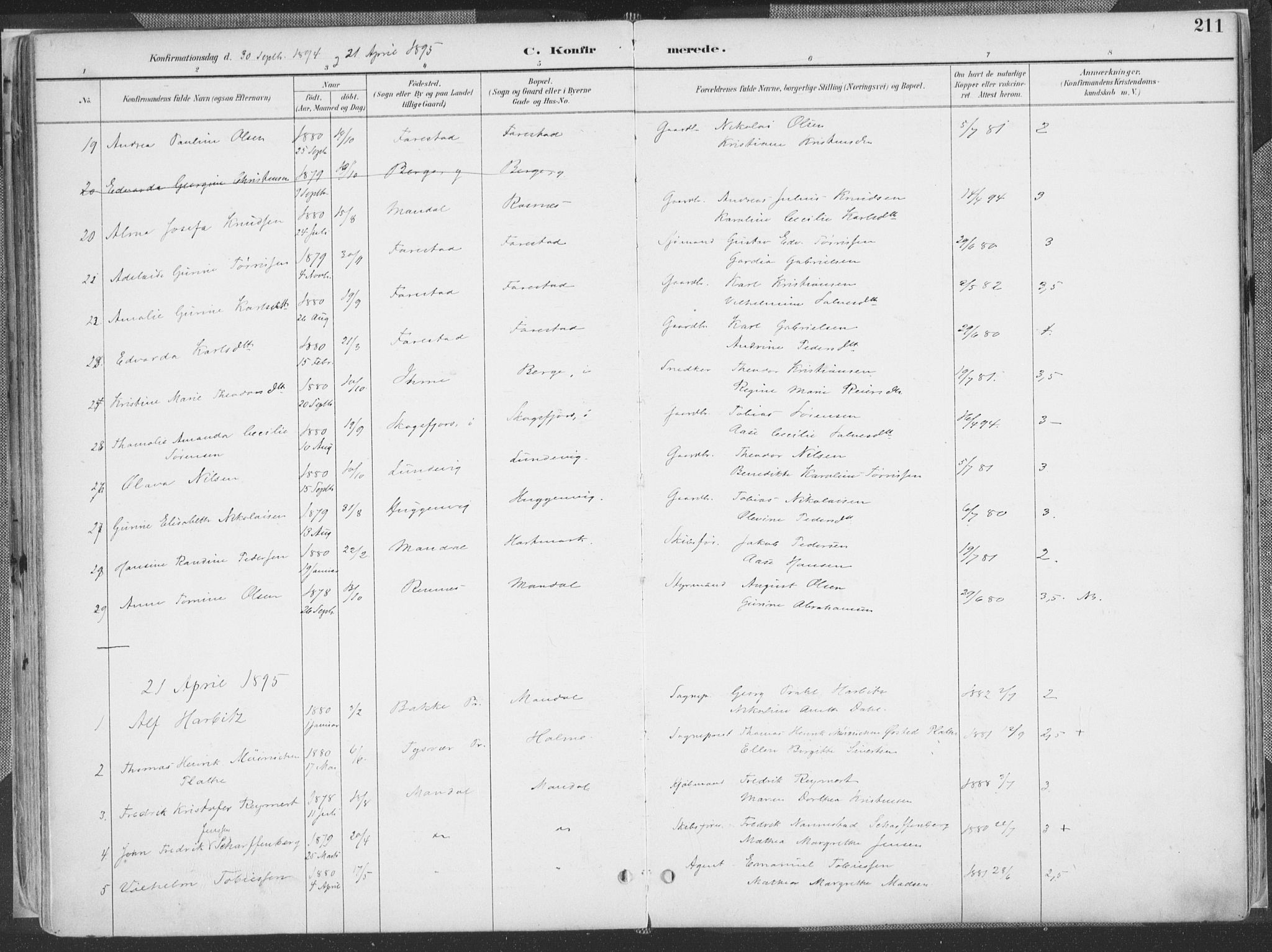 Mandal sokneprestkontor, SAK/1111-0030/F/Fa/Faa/L0018: Parish register (official) no. A 18, 1890-1905, p. 211