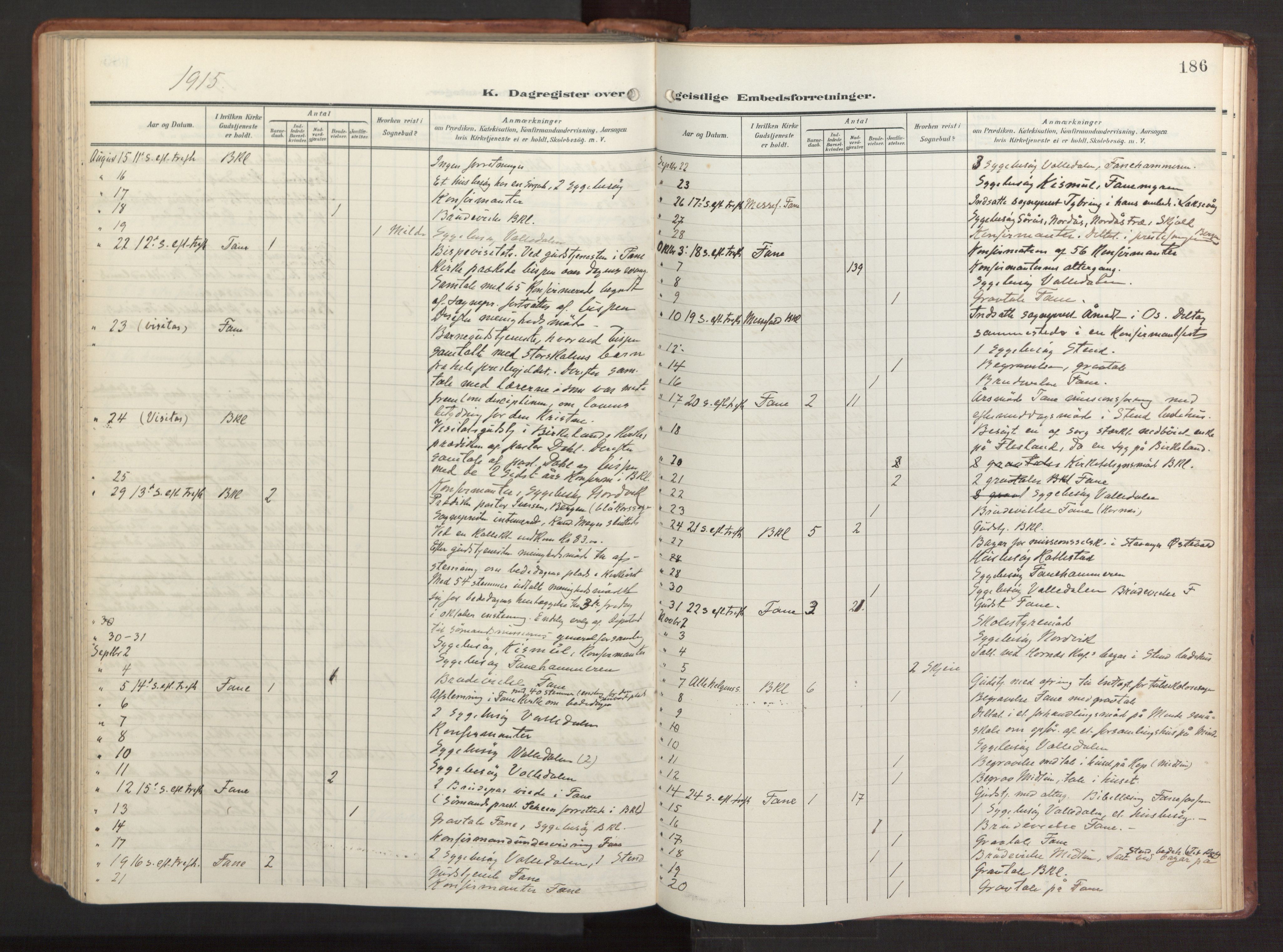 Fana Sokneprestembete, AV/SAB-A-75101/H/Haa/Haab/L0004: Parish register (official) no. B 4, 1908-1915, p. 186