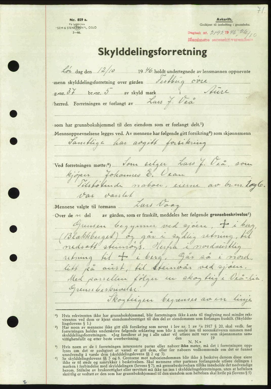 Nordmøre sorenskriveri, AV/SAT-A-4132/1/2/2Ca: Mortgage book no. A103, 1946-1947, Diary no: : 2192/1946